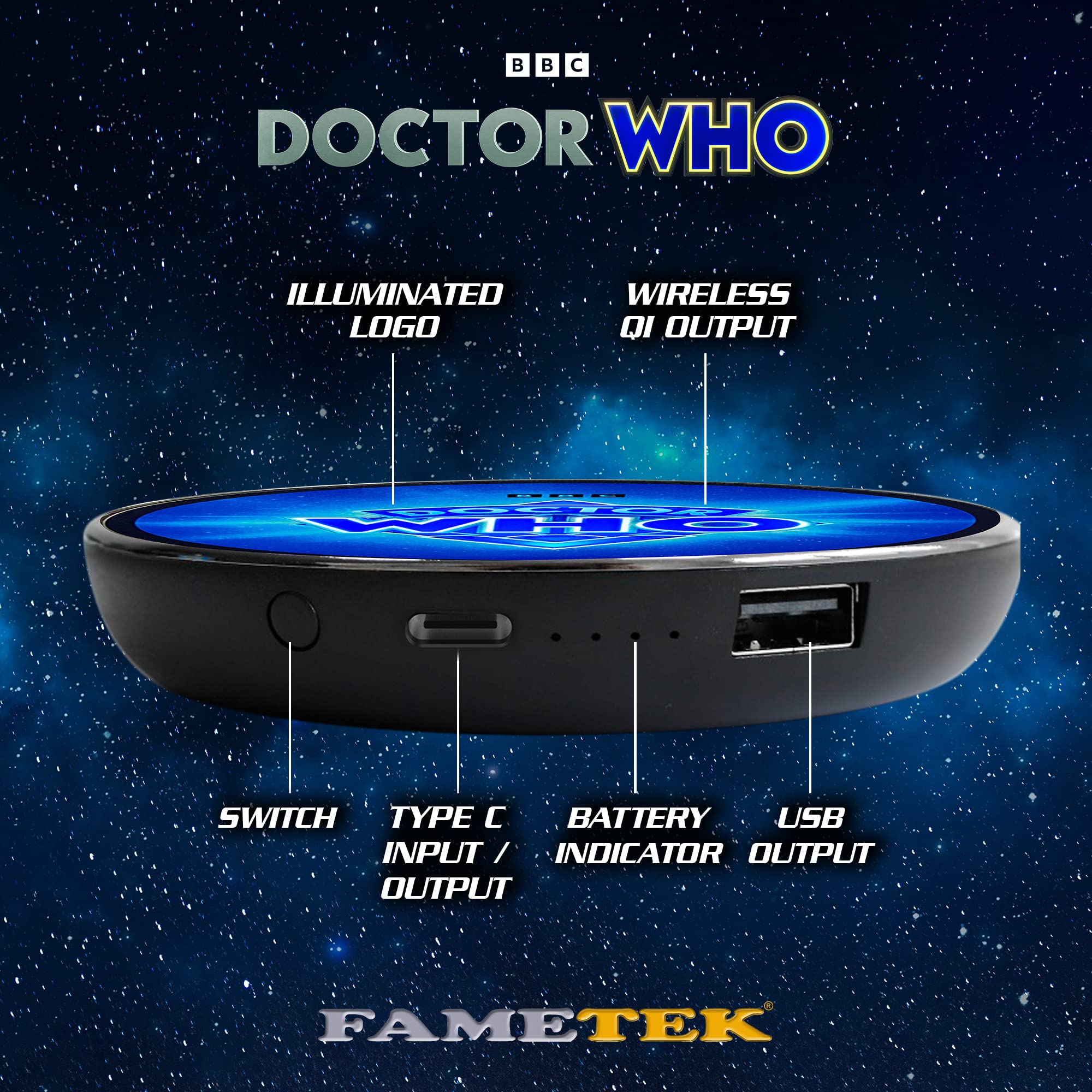 Doctor Who 60th Anniversary Logo Wireless Charger with Backup Battery - Fast Qi Charging Pad & USB Port | Portable Phone Charger with LED Light-Up TARDIS Design | Perfect Doctor Who Gifts for Fans, Office Desk & Travel Accessories