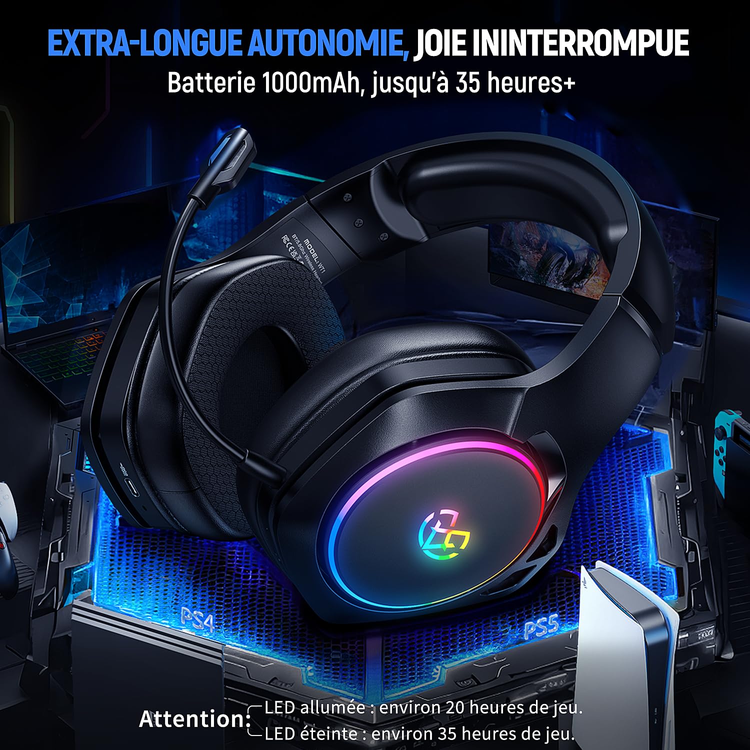 Wireless Gaming Headset with Microphone Noise Cancellation & 7.1 Surround Sound - Bluetooth/USB Compatible for PS5, PC, PS4, Switch - 35H Battery & Breathable Ear Cups - Perfect for Competitive Gaming & Online Meetings