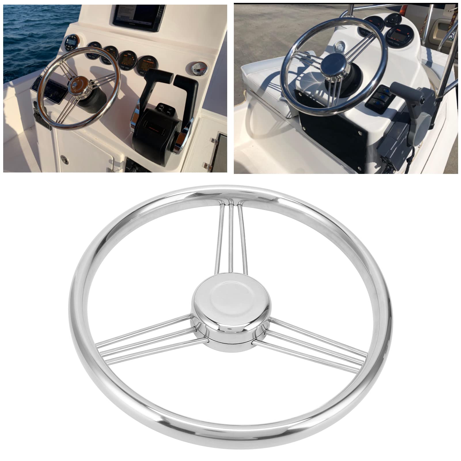 13.5 Inch Stainless Steel Marine Steering Wheel - 9 Spoke Boat Steering Wheel with 15° Taper & 3/4