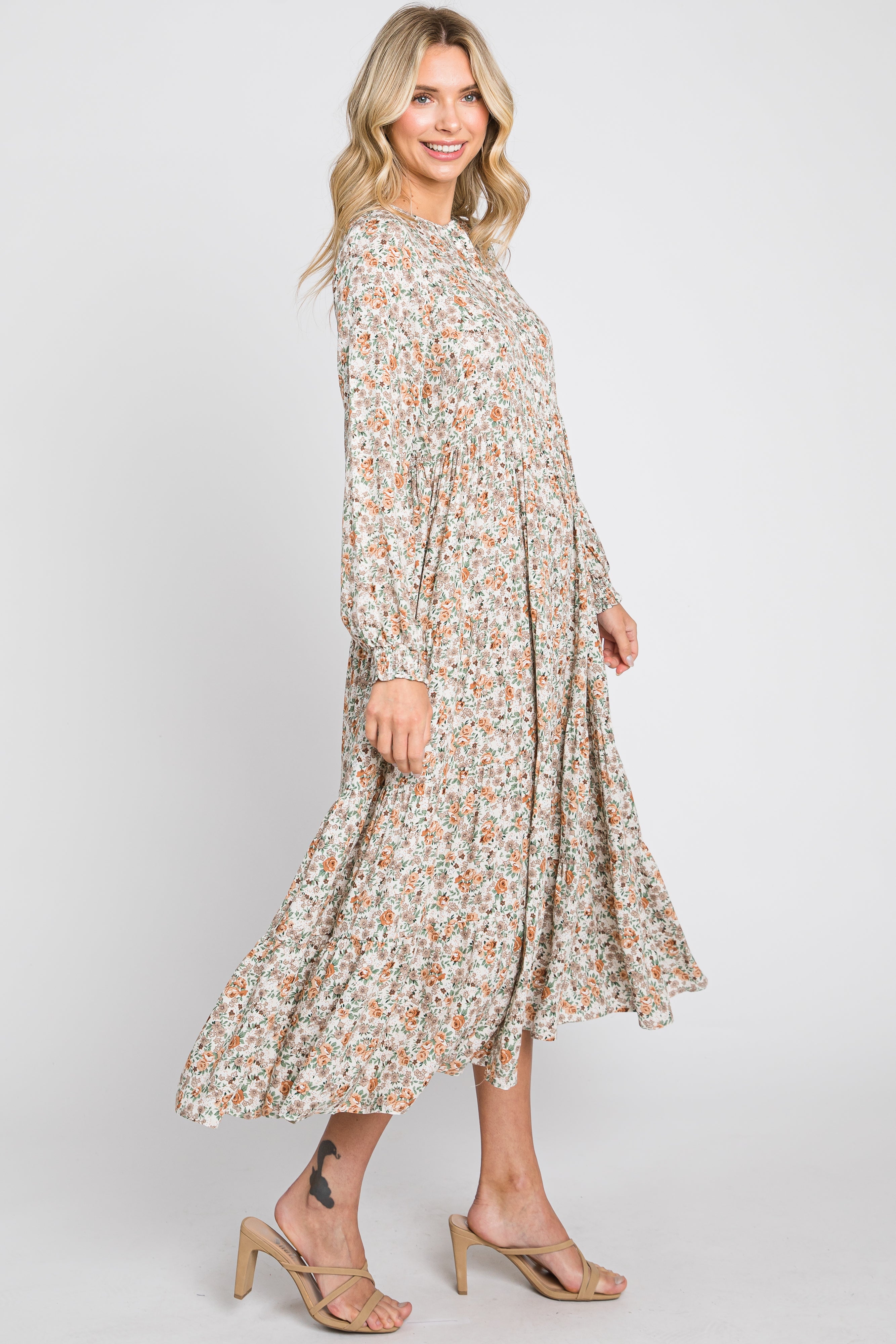 Beige Floral Print Button Front Long Sleeve Tiered Midi Dress for Women - Perfect for Spring Weddings, Garden Parties & Casual Outings