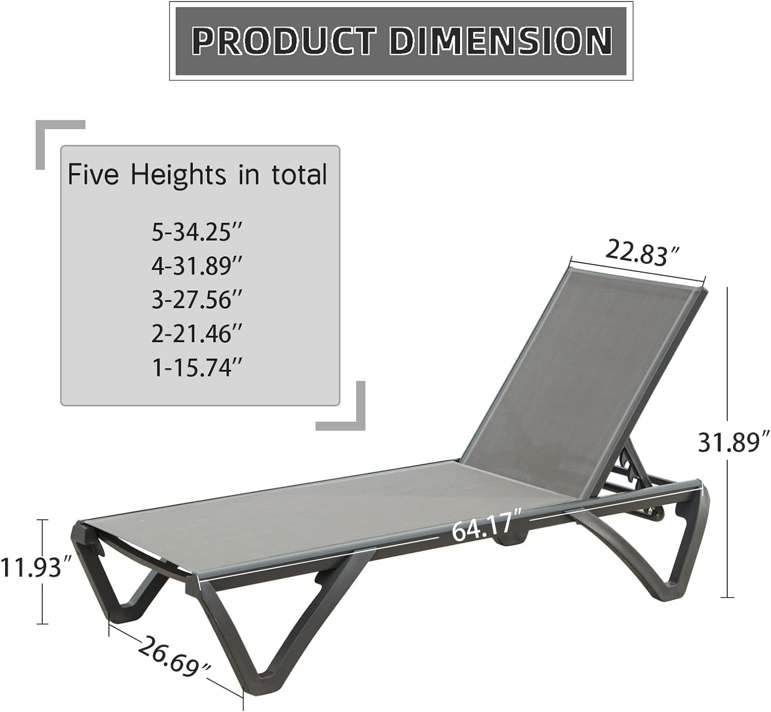 Domi Outdoor Chaise Lounge Set of 2 - Adjustable Aluminum Pool Lounge Chairs with 5 Positions, Patio Furniture for Backyard, Beach & Poolside Relaxation (Grey, Table Not Included)