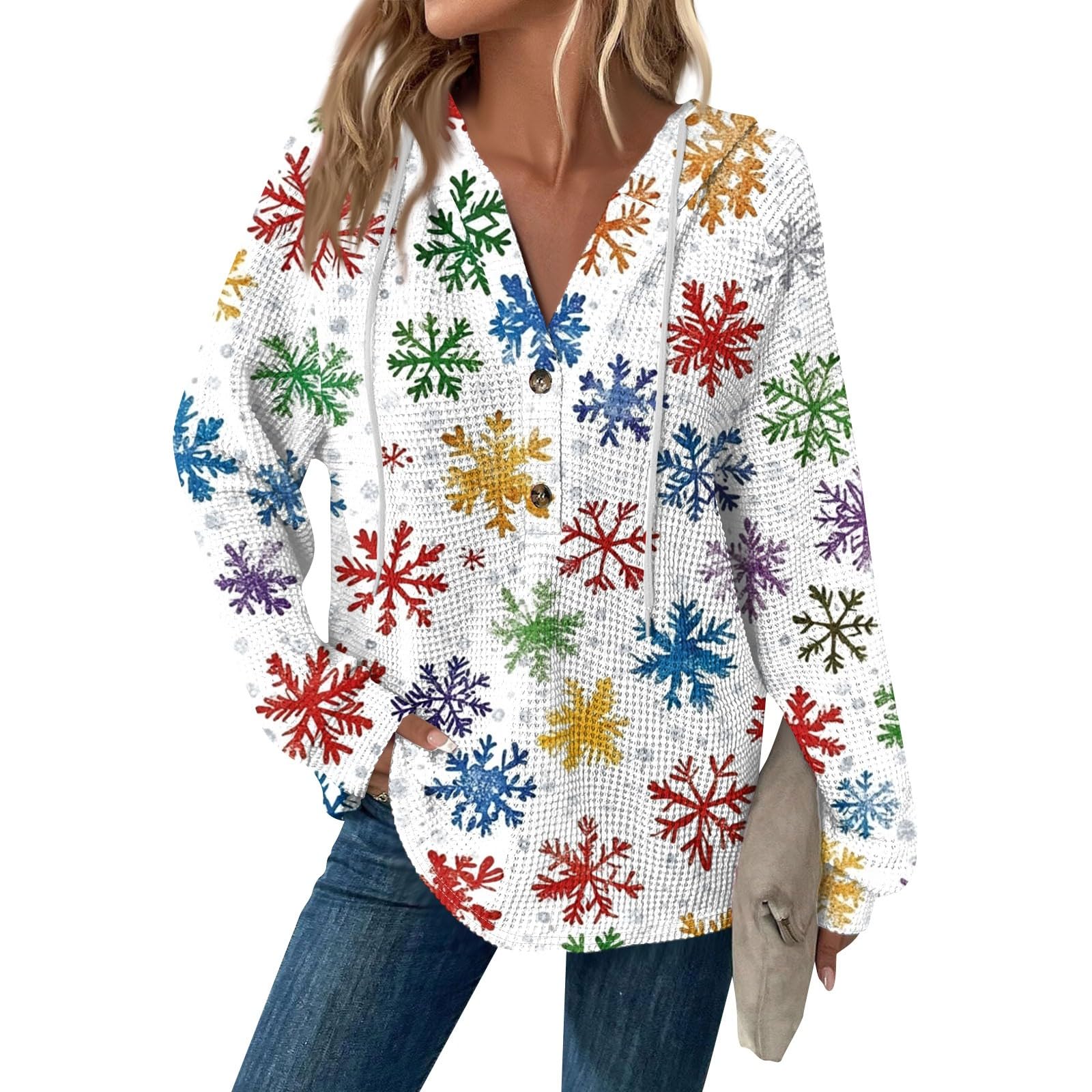 Cozy Women's Christmas Waffle Knit Hoodie - Long Sleeve V-Neck Pullover Sweatshirt with Drawstring | Holiday Party, Family Gathering & Winter Outfit Essential