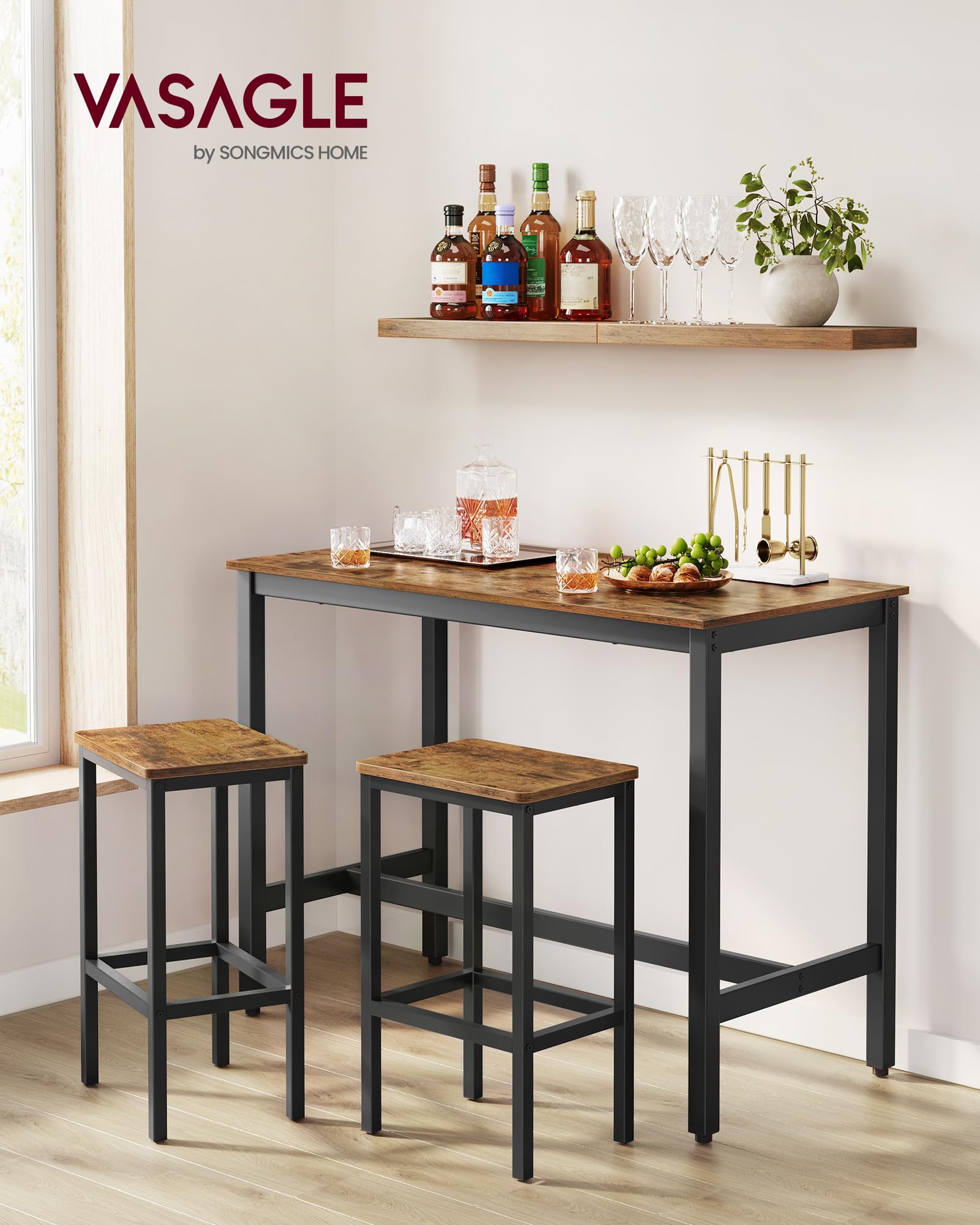 VASAGLE Industrial Bar Table Set with 2 Bar Stools - Rustic Brown and Black Kitchen Counter Height Dining Set for Living Room, Party Room, and Home Bar Decor ULBT15X