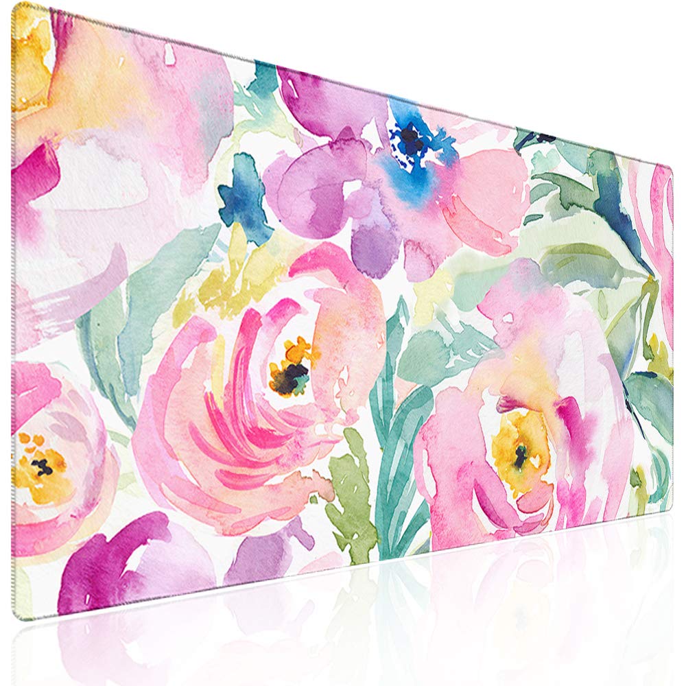 Floral Mouse Pad - Large Non-Slip Desk Mat for Keyboard and Mouse | Cute Stitched Edge Office & Home Desk Pad | 31.5