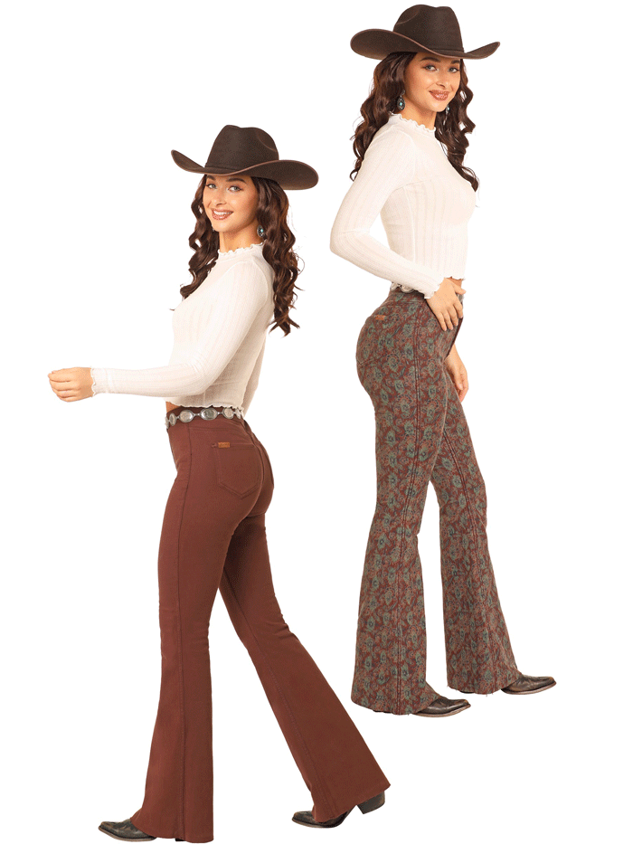 Rock & Roll Denim Women's Reversible Aztec Print Button Flare Pants - Brown | Boho Chic 70s Style Jeans for Casual Wear & Music Festivals