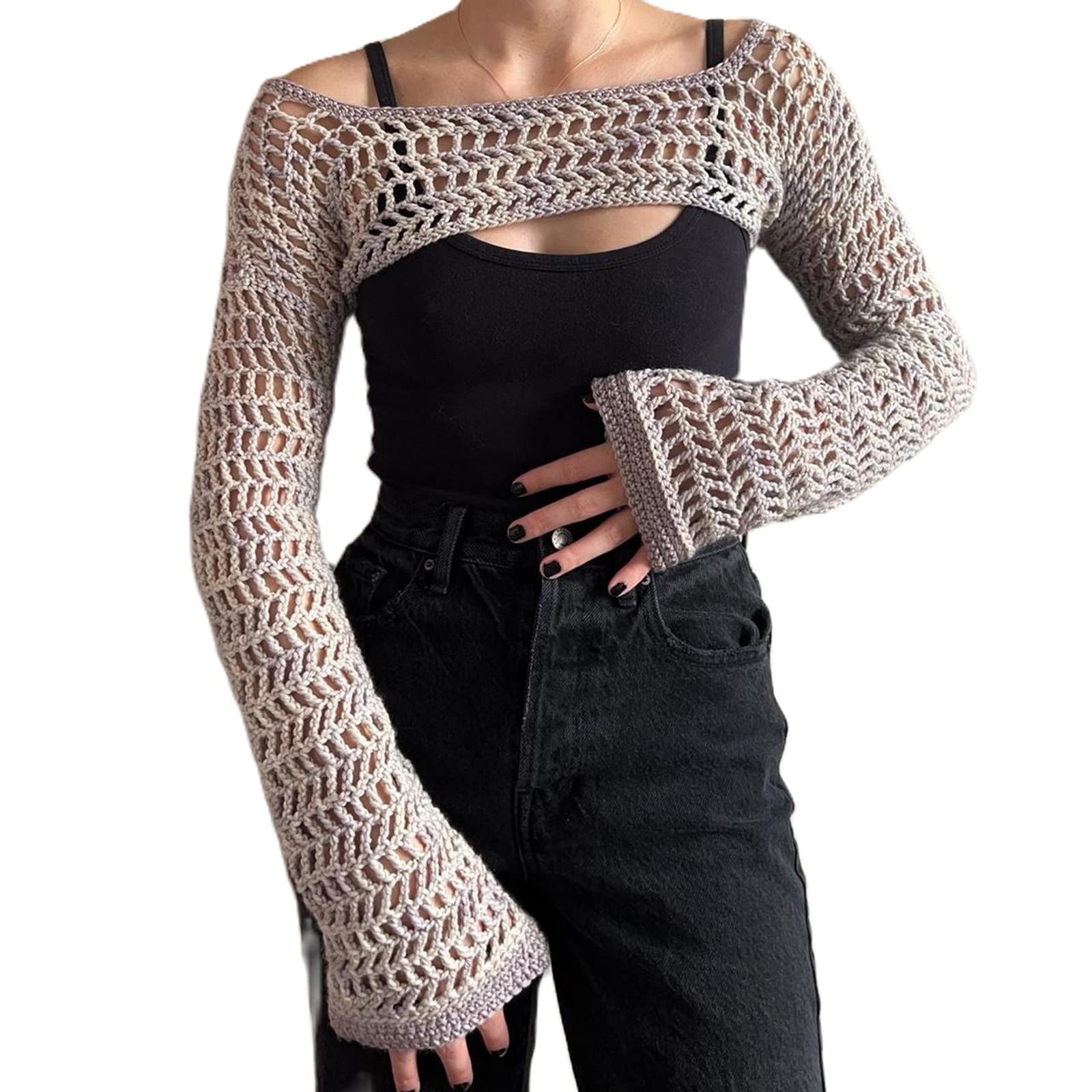 Y2K Crochet Super Crop Top for Women - Long Sleeve Patchwork Knit Shrug Sweater | Streetwear Fashion | Perfect for Music Festivals, Beach Coverups & Night Outfits