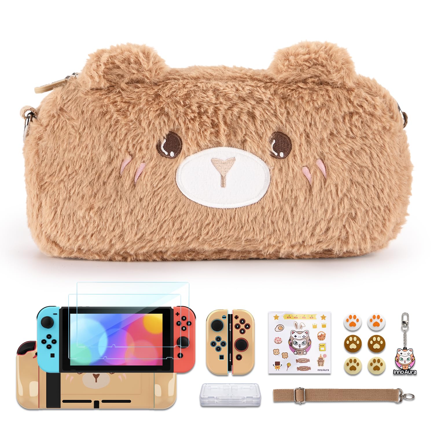InnoAura 16-in-1 Nintendo Switch Accessories Bundle - Protective Carrying Case, Game Case, Screen Protector, Thumb Grips (Brown Bear) - Perfect for Travel, Gaming On-The-Go & Switch Protection