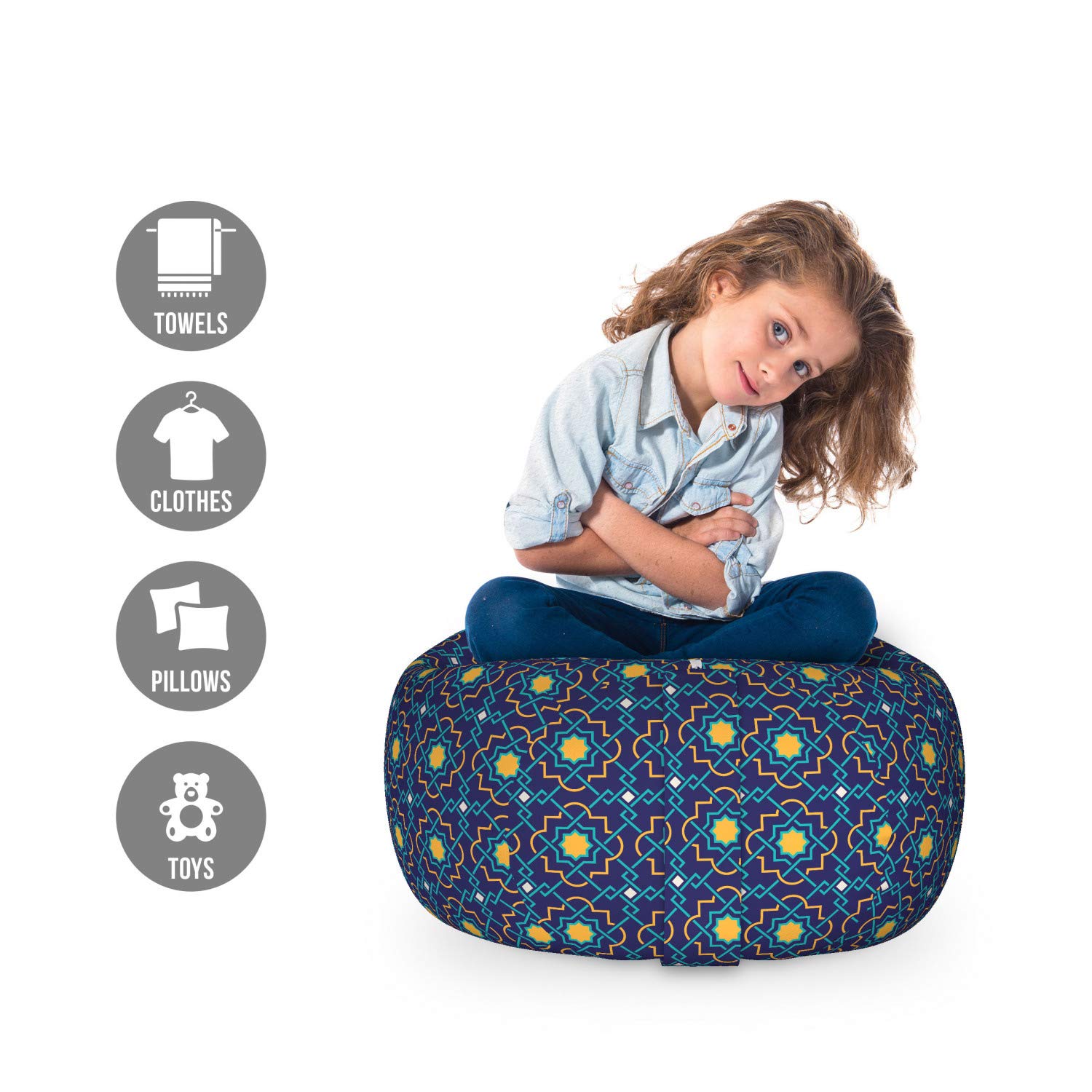 Ambesonne Quatrefoil Storage Toy Bag Chair - Historical Eastern Geometric Girih Tile Pattern, Washable Stuffed Animal Organizer, Small Size in Turquoise & Navy Blue - Perfect for Kids' Room, Nursery, or Playroom Storage