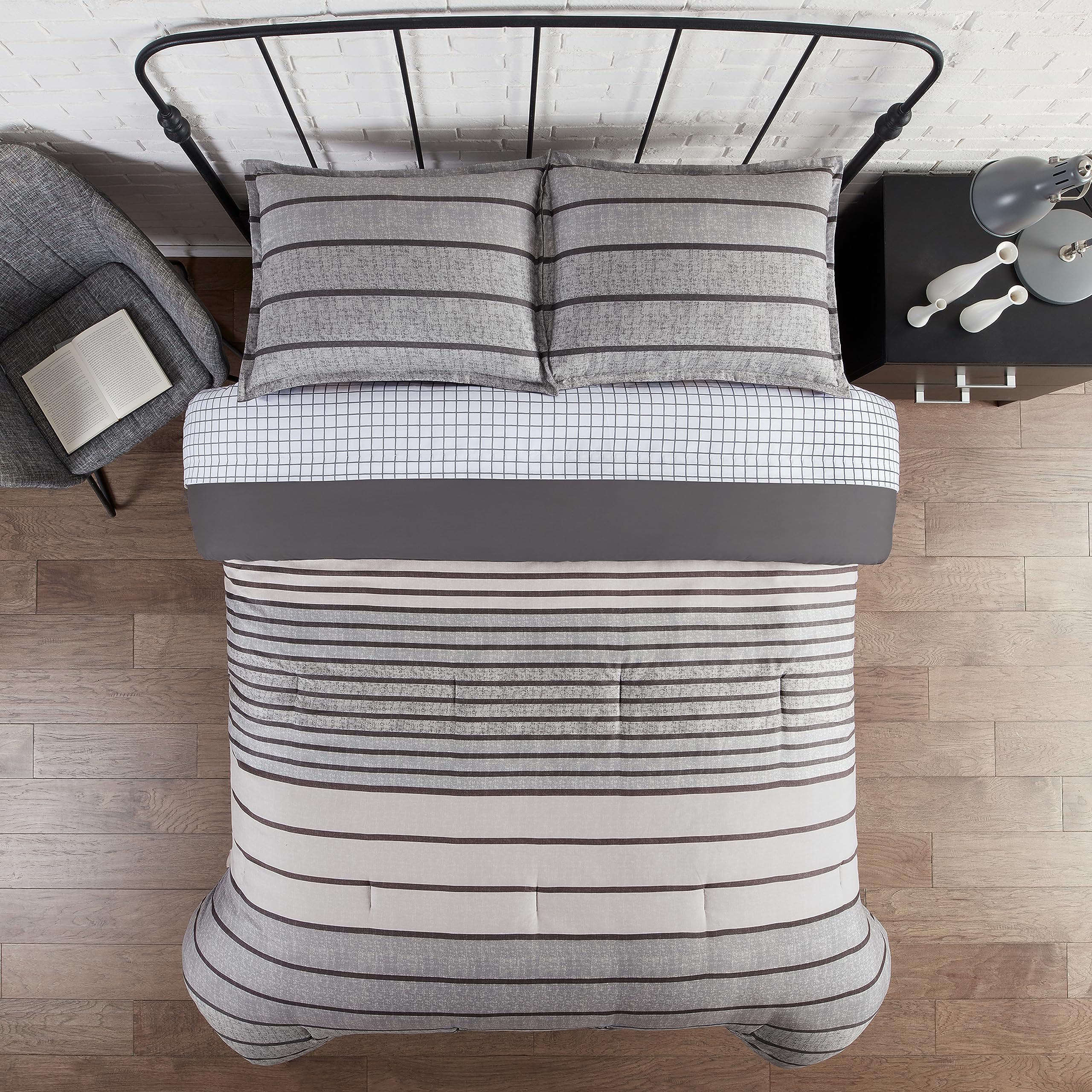 Serta Simply Clean Conrad Soft Modern 7-Piece Bed in a Bag Comforter Set with Sheets & Pillowcases | All-Season Queen Size Grey Stripe Bedding | Perfect for Guest Rooms, Dorms & Cozy Bedroom Upgrades