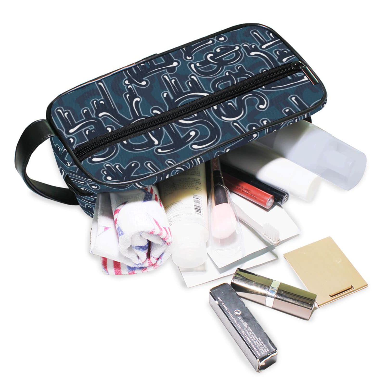 Susiyo Words Art Graffiti Deep Blue Portable Toiletry Bag with Carrying Handle - Waterproof Zippered Cosmetic Organizer & Shaving Travel Dopp Kit for Women & Men - Perfect for Camping, Gym, Business Trips & Daily Use
