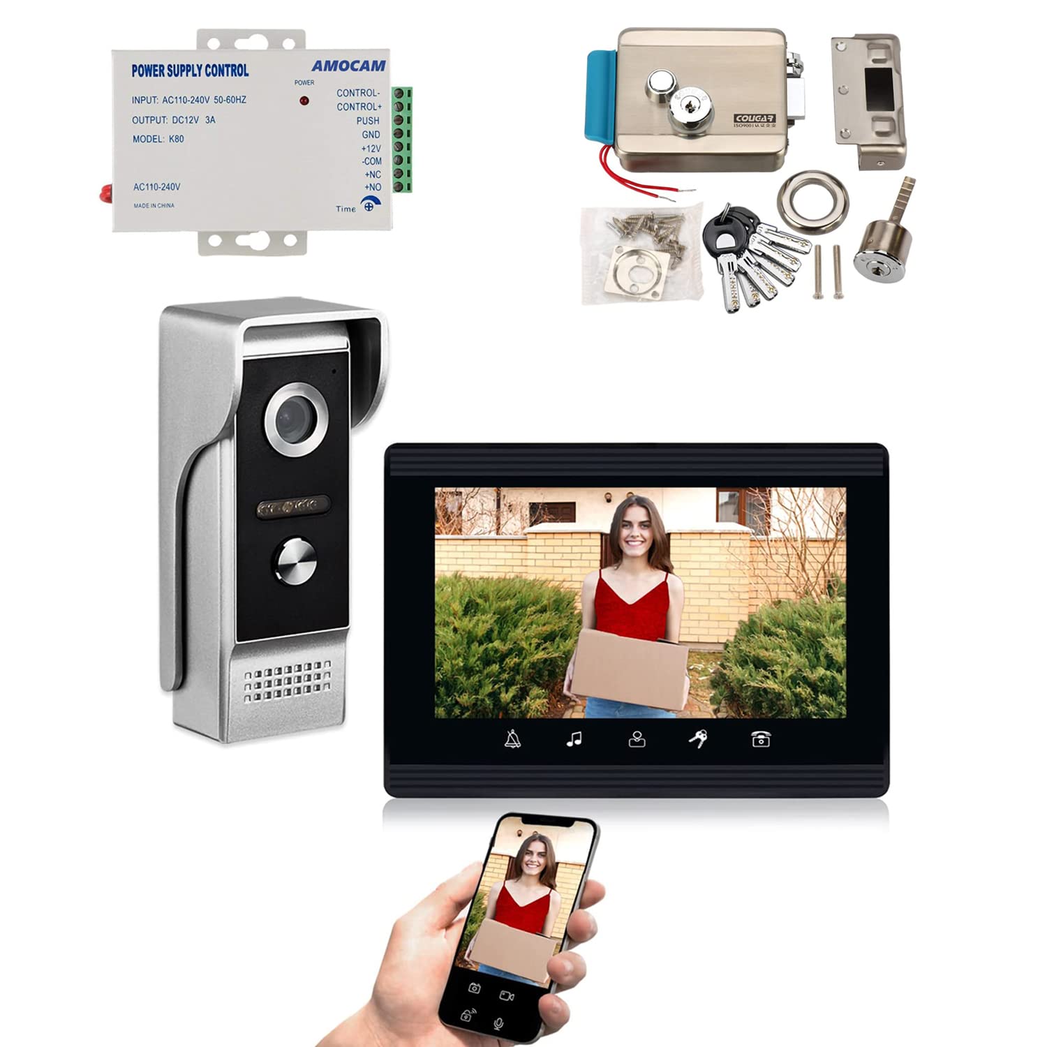 AMOCAM Video Doorbell Intercom System with Outdoor Camera, Indoor Monitor & Smart Lock - Wireless Security for Home, Villa, Apartment - Perfect for Front Door Monitoring & Smart Access Control