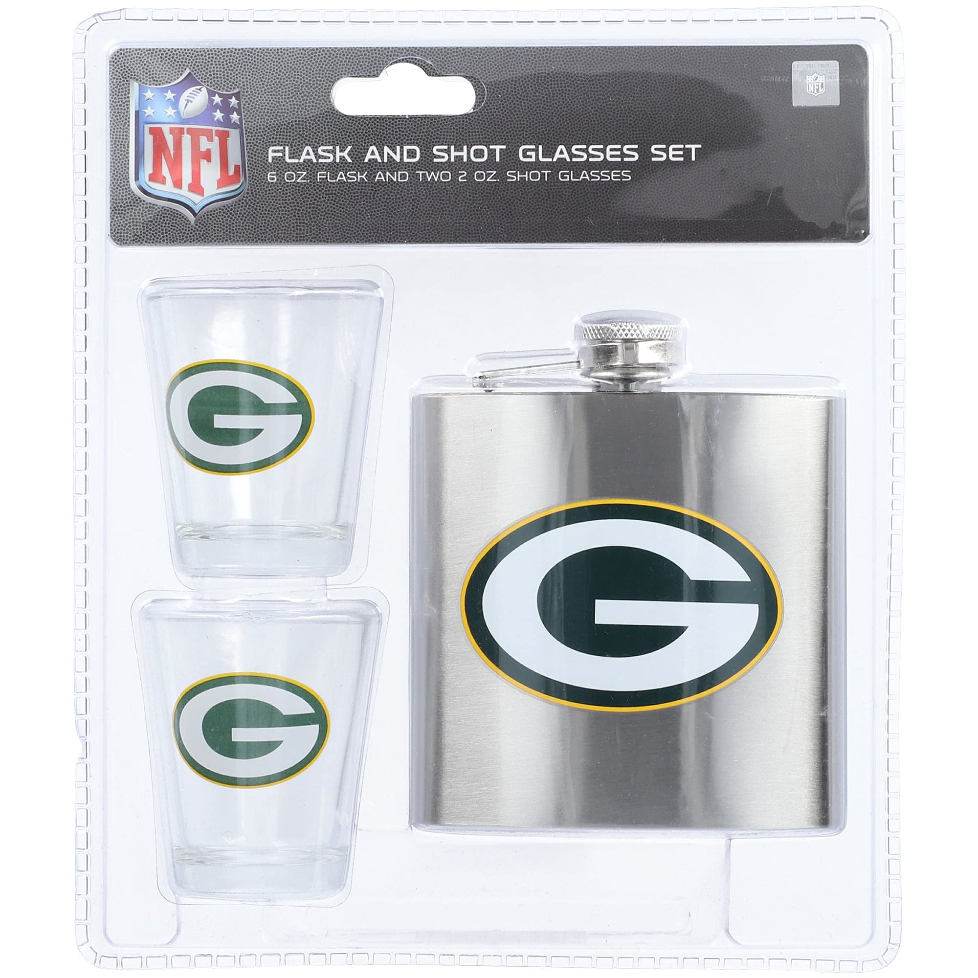 NFL Team Logo Shot Glasses and Brushed Stainless Steel Flask Gift Set - Perfect for Tailgating, Game Day Parties & Sports Fan Gifts