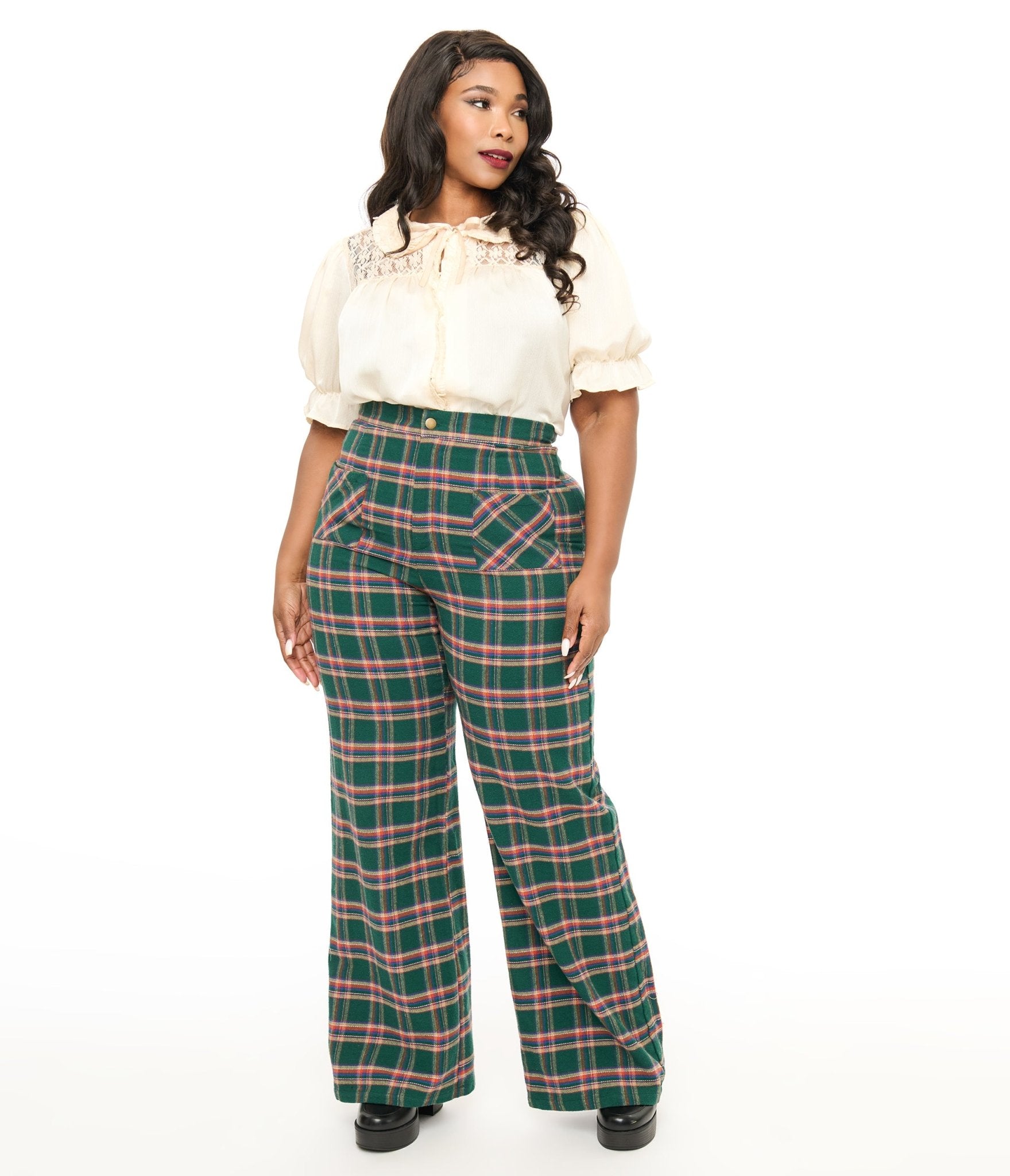 Smak Parlour Plus Size 1960s Green & Red Plaid Wide Leg Trousers for Women - Vintage High Waist Pants for Casual Wear, Office Outfits & Retro Fashion