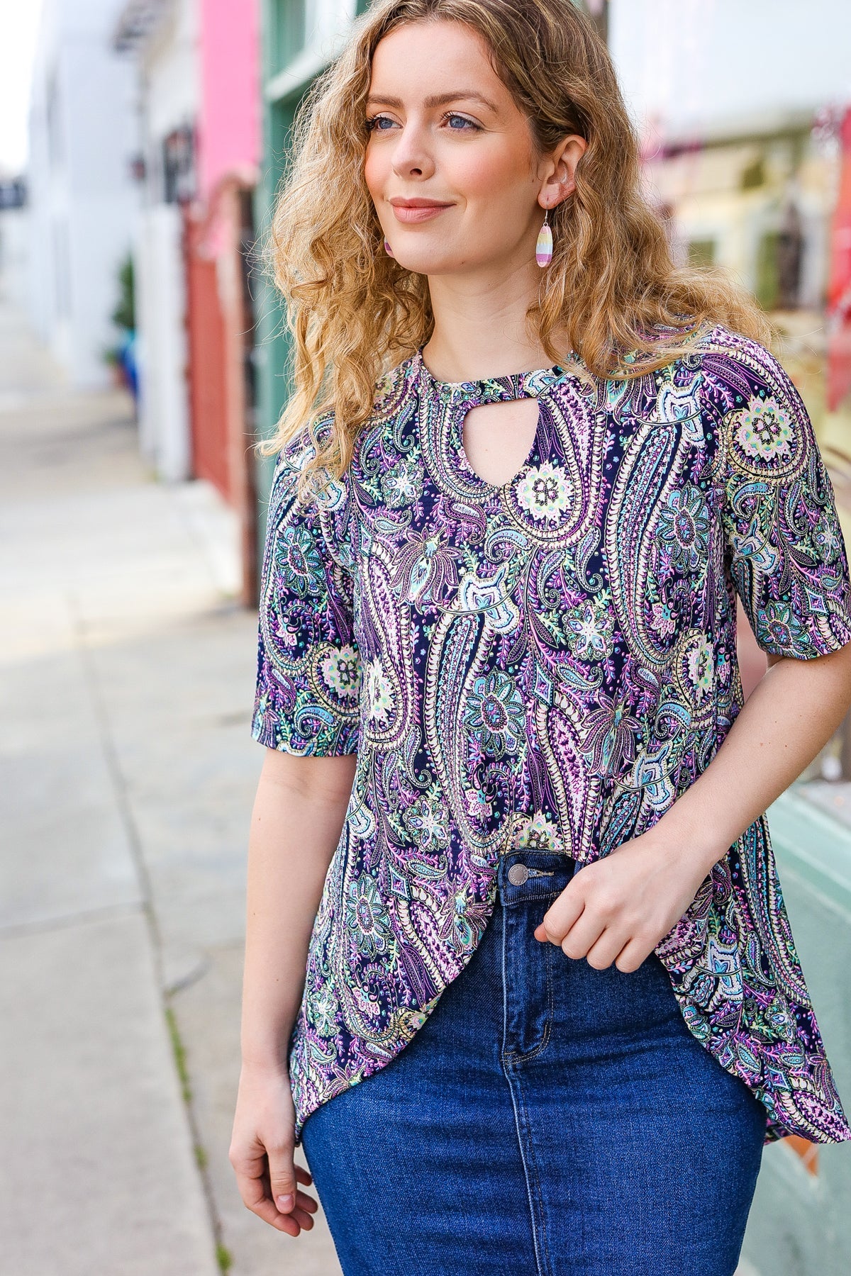 Hayzel Navy Floral Paisley Keyhole Tunic Top for Women - Elegant Boho Blouse for Casual Wear, Date Night & Office Outfits
