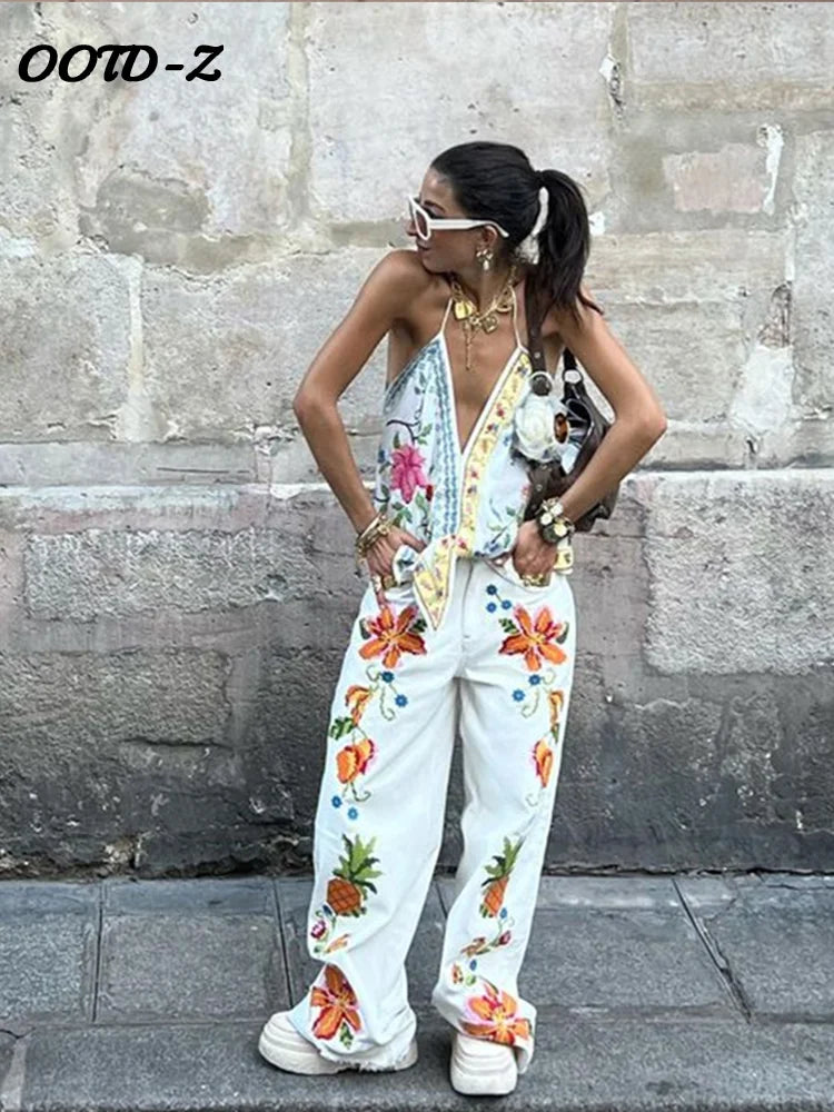 Women's Fashion Beach Print Tank Top & Wide Leg Zipper Pants 2-Piece Set - Halter Backless Sleeveless Vest Outfit for Summer Vacations, Pool Parties & Tropical Getaways 2024