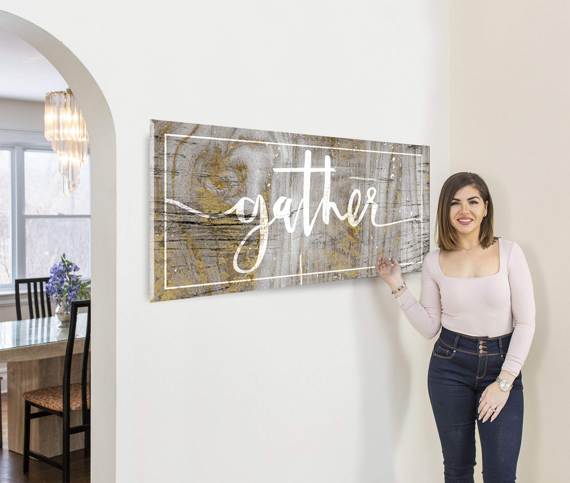 Farmhouse Style 'Gather' Quote Pantry Sign - Gold Yellow Wall Art for Kitchen, Dining Room & Living Room Decor (60x27) - Perfect for Rustic Home, Wedding Gift & Farmhouse Interior Design
