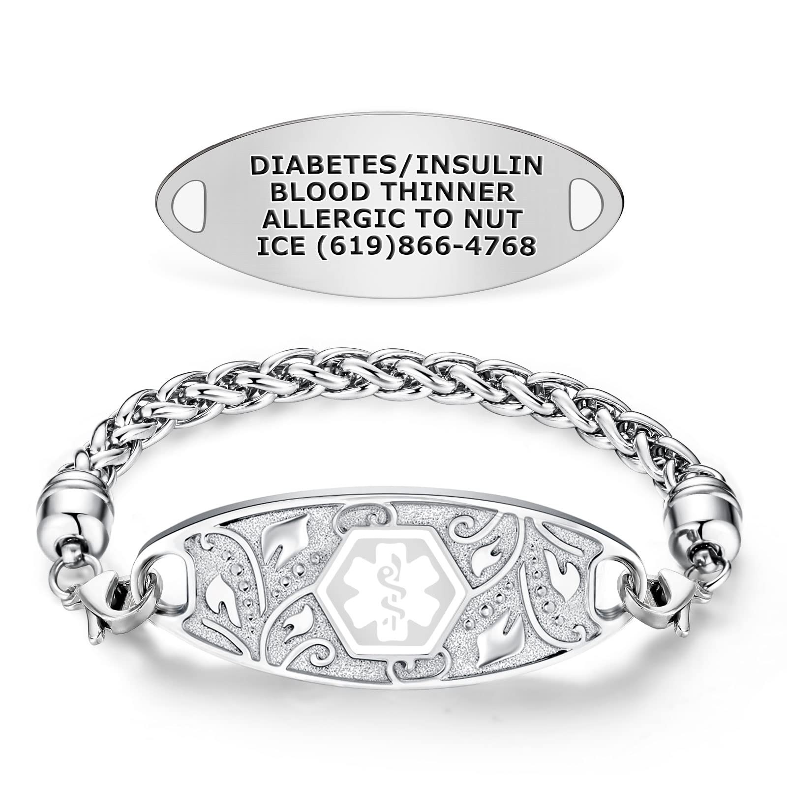 Divoti Custom Engraved Medical Alert Bracelets for Women - Stainless Steel Medical ID Bracelet with Free Engraving - Elegant Filigree Wheat Design - Adjustable Sizing - Perfect for Allergies, Diabetes & Emergency Medical Identification