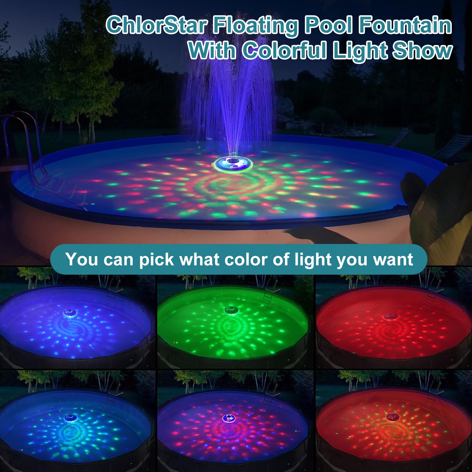 Rechargeable Battery Powered Floating Pool Fountain with LED Underwater Light Show - 2 Spray Modes Waterfall Pump for Inground/Above Ground Pools & Garden Ponds - Perfect for Backyard Decor, Water Aeration and Relaxation