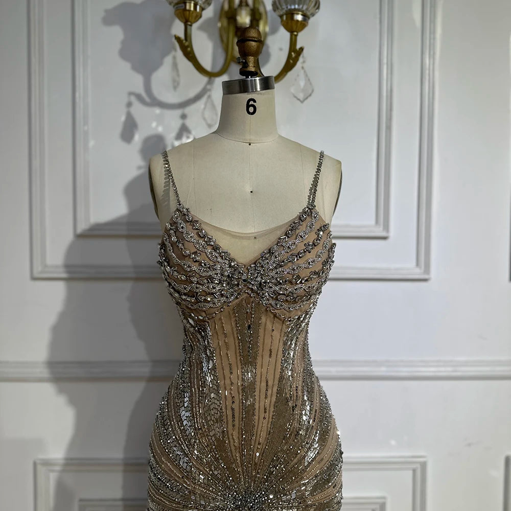 Luxury Dubai Silver Nude Beaded Spaghetti Strap Mermaid Evening Dress Gown for Women - Formal Party, Prom, Wedding Guest, Red Carpet Events LA72803