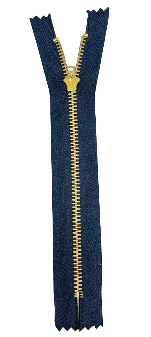 Heavy Duty 7 Inch Metal Zippers #5 Navy Tape with Golden Brass Teeth - 6 Pack Closed End Spring Lock Sliders for Jeans, Denim Pockets, Clothing & Sewing Crafts | Perfect for DIY Projects, Jacket Repairs & Bag Making (7