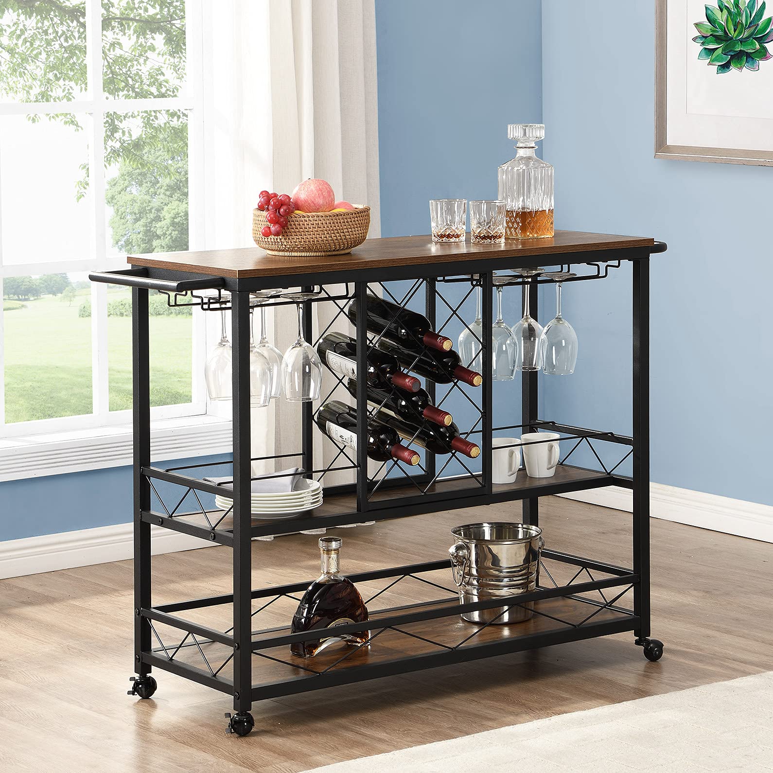 Industrial Bar Cart with Wine Rack & Glass Holders - Rolling Kitchen Serving Cart on Wheels for Home, Bar, or Party - Brown Wooden Wine Cabinet for Dining Room & Entertainment Spaces
