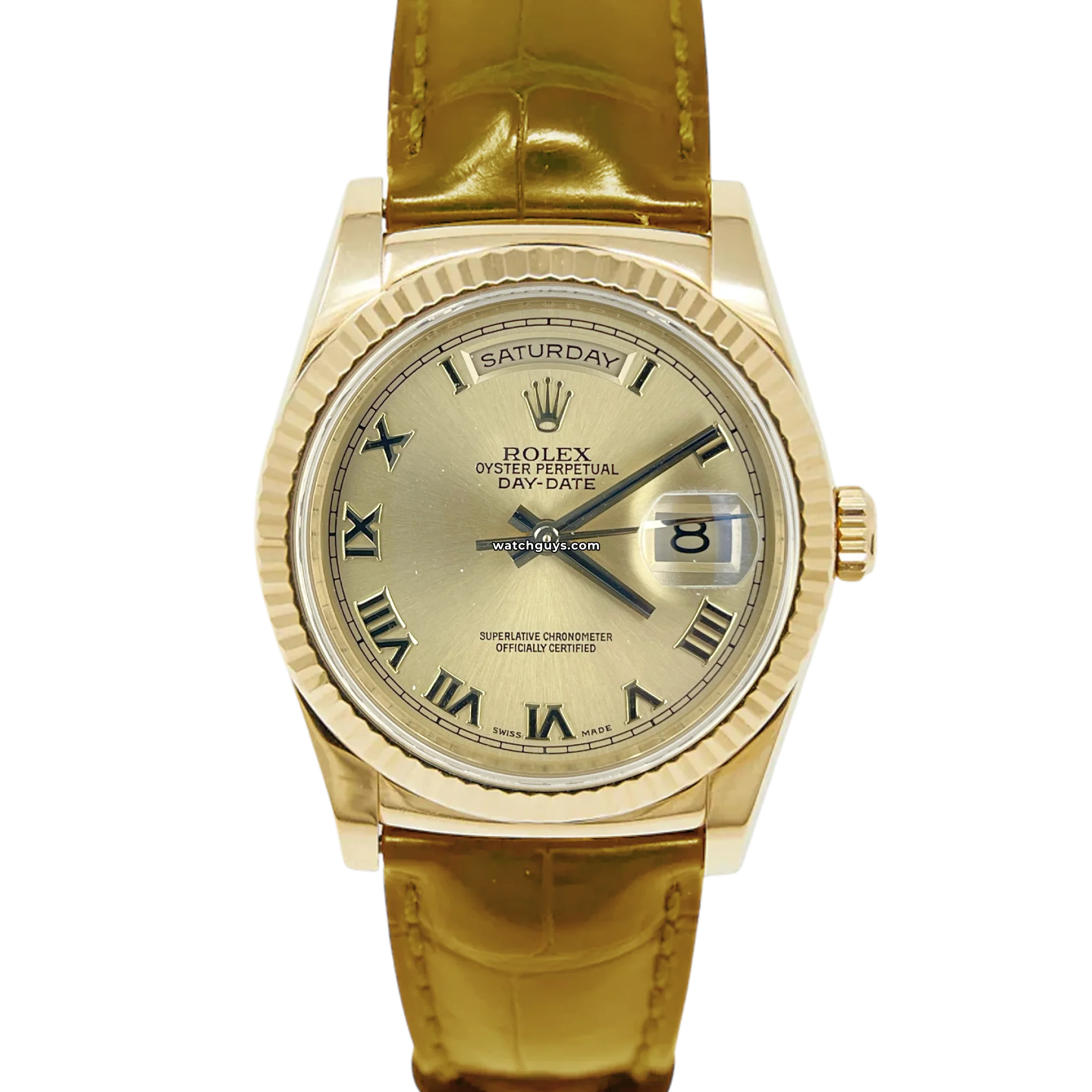 Luxury Rolex Day-Date 118138 Men's Watch - 18K Yellow Gold, Champagne Dial, Roman Numerals - Perfect for Business Meetings & Formal Events