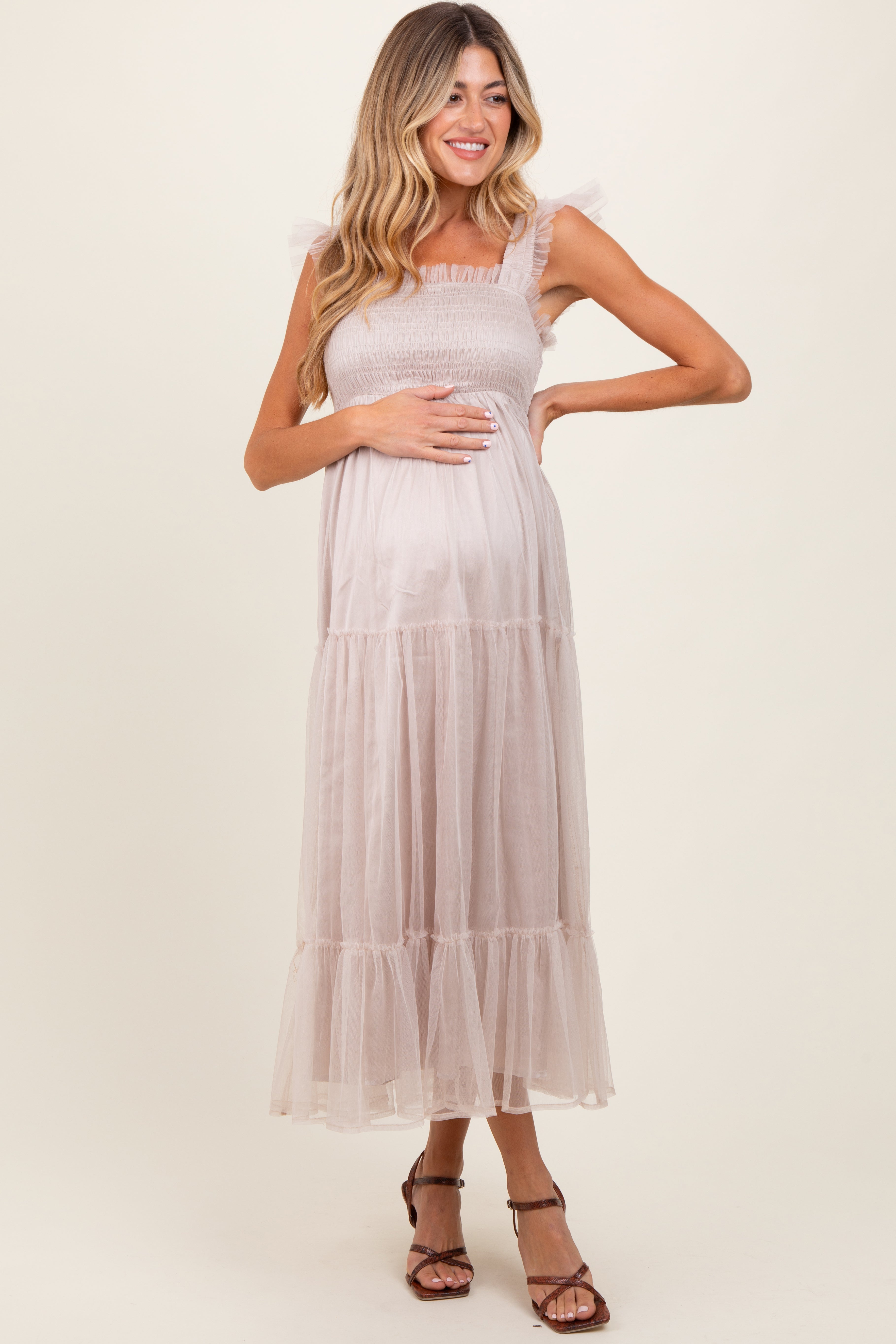 Beige Maternity Dress with Mesh Overlay & Smocked Detail - Comfortable Midi Dress for Pregnancy, Baby Shower & Nursing - Perfect for Maternity Photos, Parties & Everyday Wear