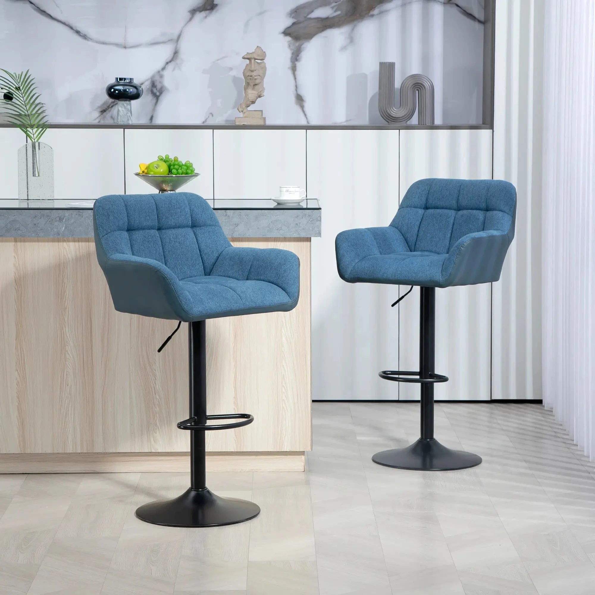 Swivel Adjustable Bar Stools (Set of 2) - Faux Leather & Linen Touch Fabric - 5 Color Options - Perfect for Kitchen Islands, Home Bars & Dining Areas