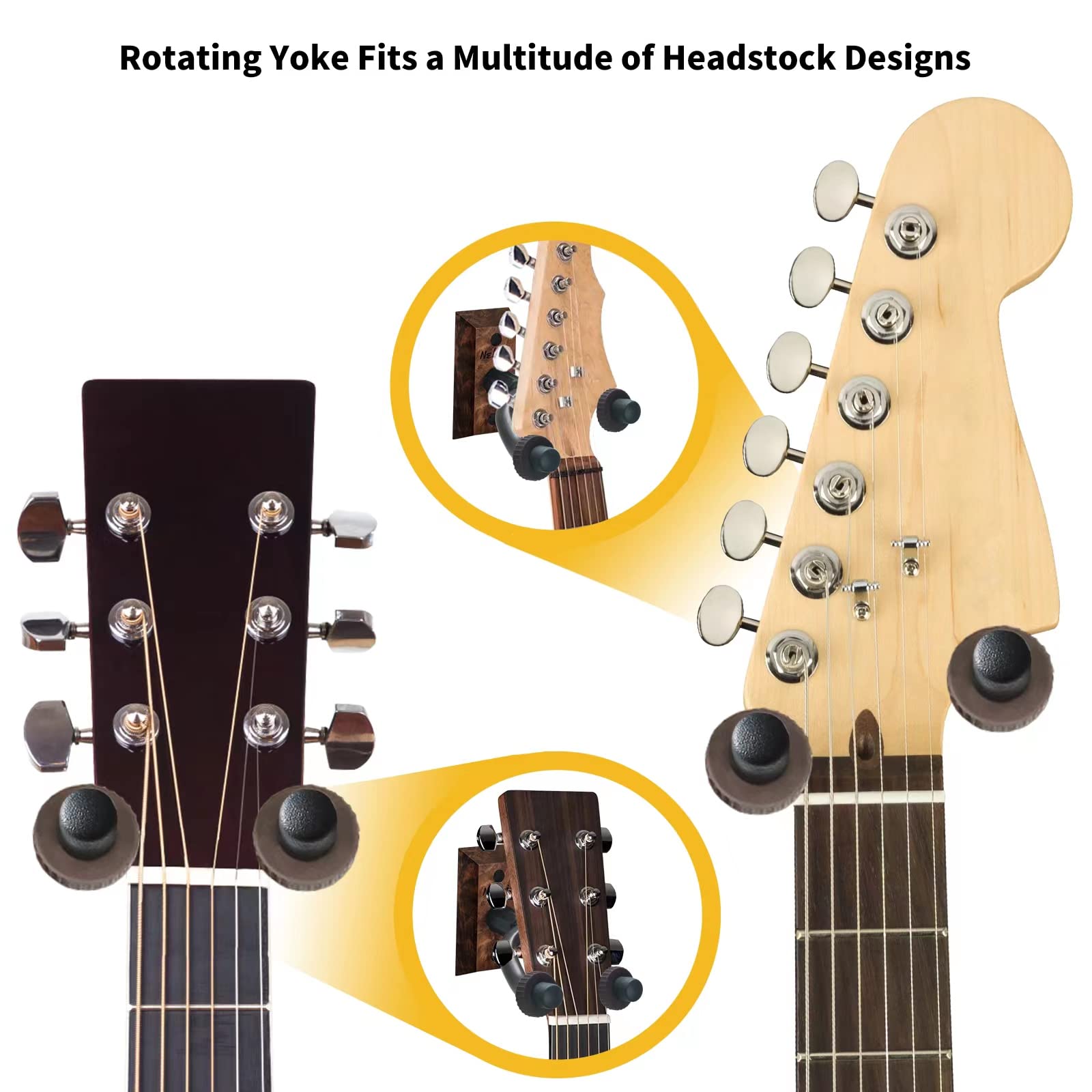 3 Pack Wooden Guitar Wall Mount Hangers - Heavy Duty Hooks for Acoustic, Electric, Bass, Ukulele, Banjo & Mandolin - Space Saving Instrument Storage for Home, Studio or Music Classroom