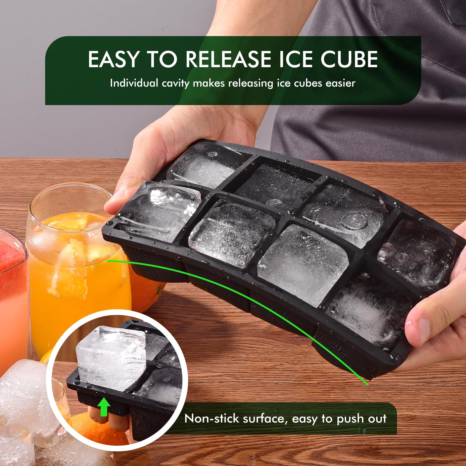 Silicone Ice Cube Tray with Lid - Large Square Ice Molds for Whiskey, Cocktails, Coffee & Juice - Easy Release, Stackable & Space Saving - Perfect for Home Bars, Parties & Office Use (8 Square Cubes)