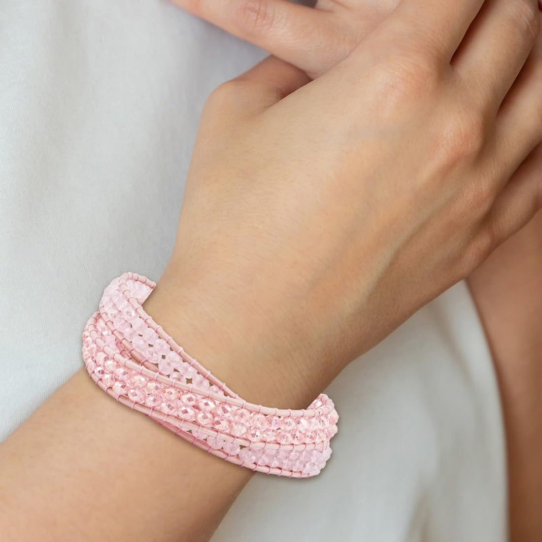 Pink Leather Rose Quartz Beaded Multi Wrap Bracelet with Brass Button - Elegant Boho Jewelry for Women | Perfect for Yoga, Meditation & Everyday Wear