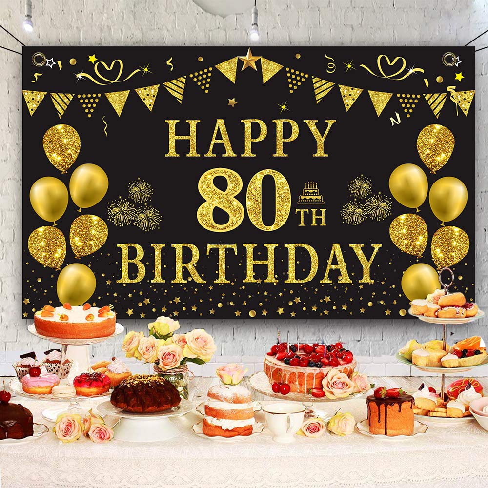 Trgowaul 80th Birthday Backdrop - Gold & Black 5.9x3.6ft Photography Background for Women & Men - Perfect for Birthday Party Decorations, Photo Shoots & Milestone Celebrations