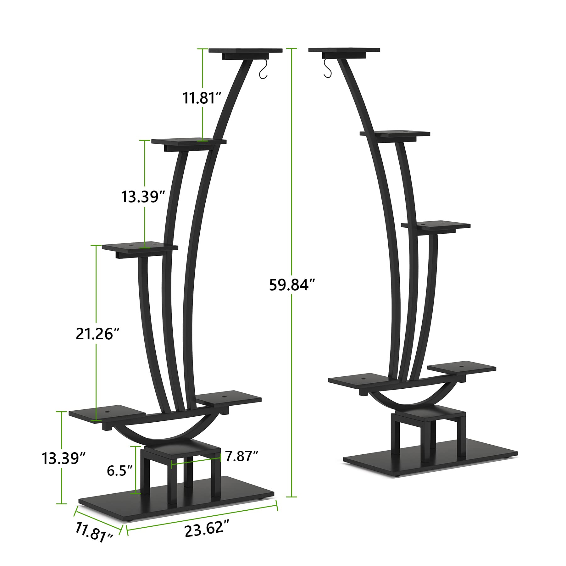 Tribesigns 6-Tier Tall Indoor Plant Stand - Set of 2 Black Metal Curved Display Shelves with Hanging Hooks - Multi-Purpose Bonsai & Flower Pot Rack for Living Room, Garden, Balcony Decor - Perfect for Small Space Plant Organization & Home Decor Display