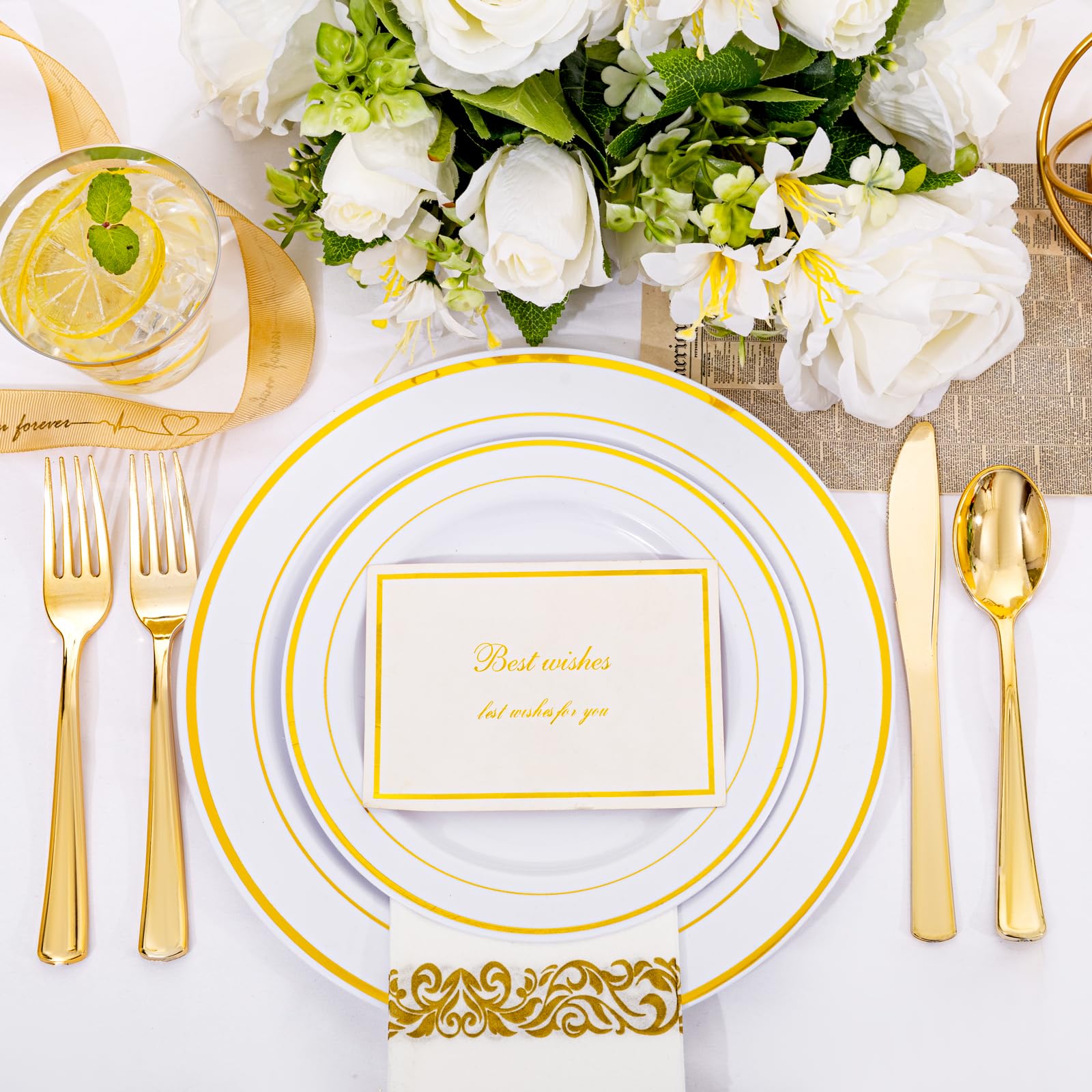 350-Piece Gold Disposable Dinnerware Set for 50 Guests - 100 Plastic Plates, 50 Paper Napkins, 50 Cups & 50 Silverware - Elegant Party & Wedding Tableware for Banquets, Bridal Showers, Anniversary Celebrations and Special Events