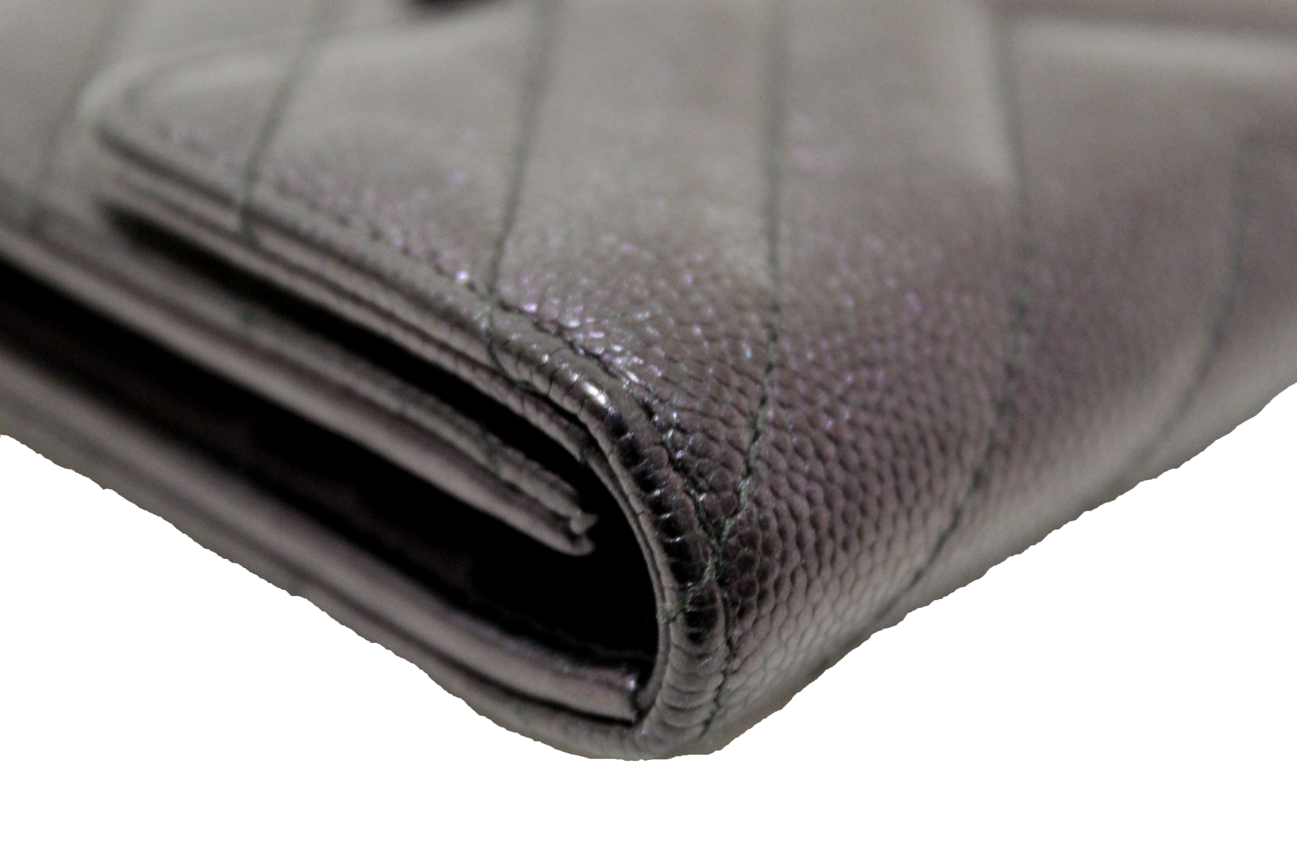 Authentic Chanel Black Iridescent Caviar Chevron Quilted Compact Flap Wallet - Luxury Women's Designer Handbag for Everyday Use & Special Occasions