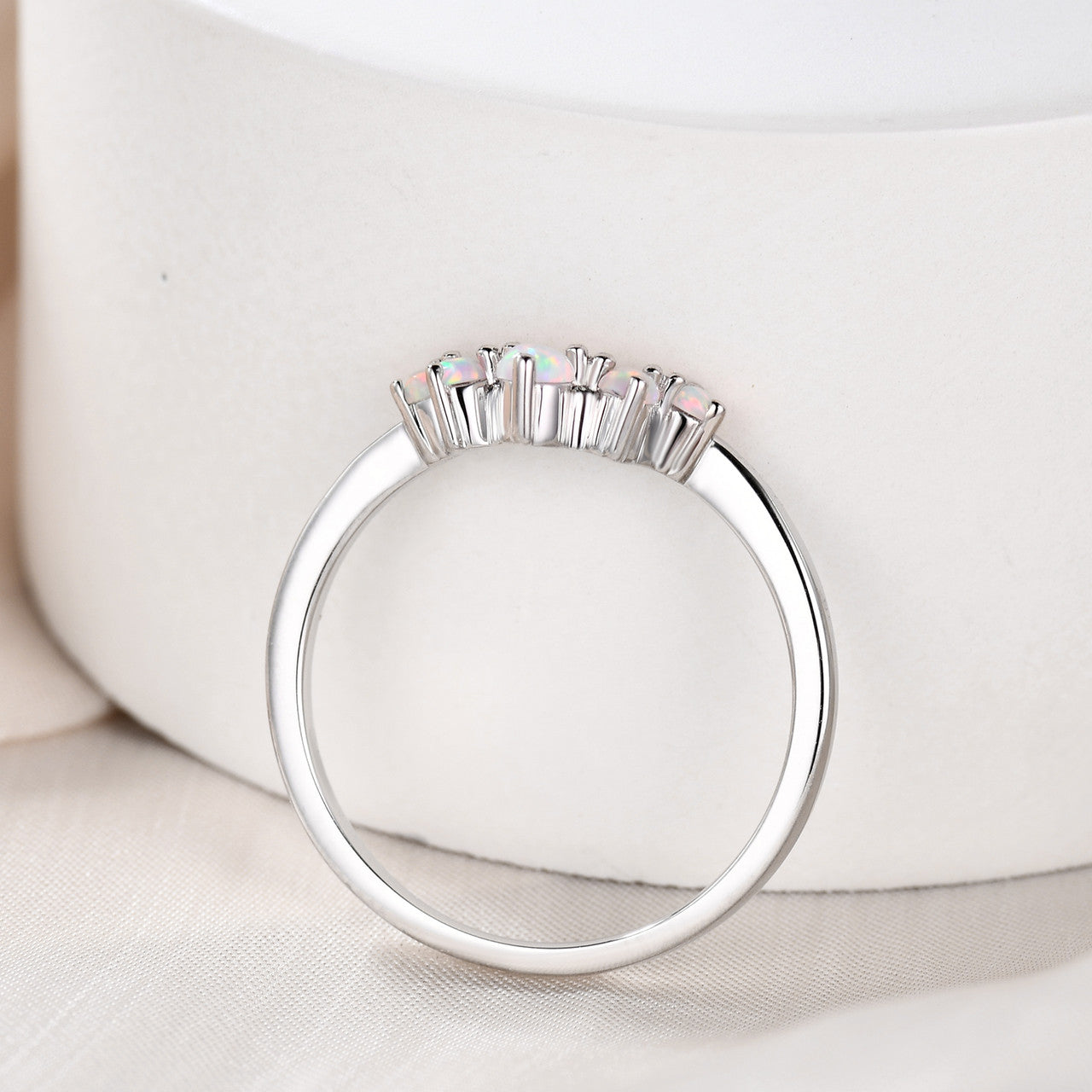 Art Deco 14K Rose Gold Opal Wedding Band - Stackable Curved Bridal Ring Set, Promise Ring for Women, Anniversary Gift for Her - Perfect for Engagement, Wedding, Stacking & Special Occasions
