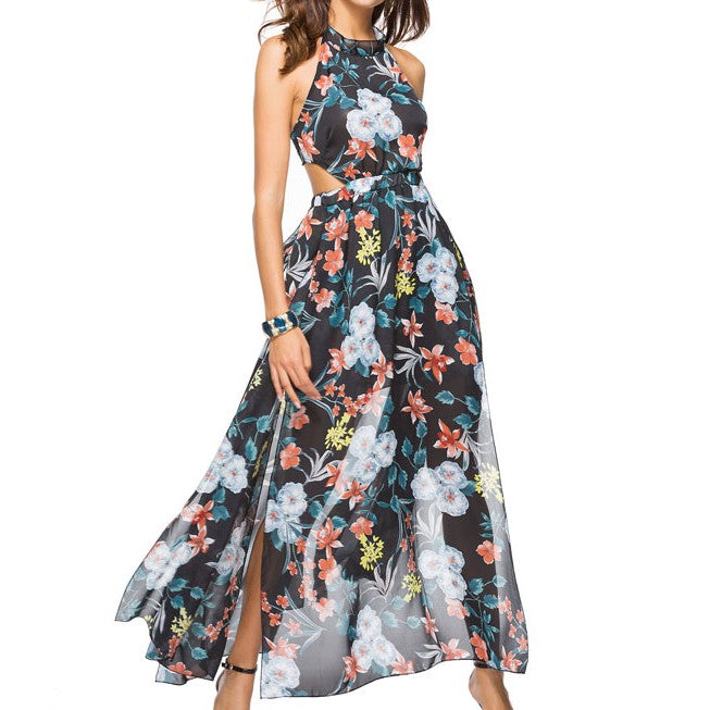 Floral Print Chiffon Backless Maxi Dress for Women - Elegant Summer Beach Wedding Party Gown