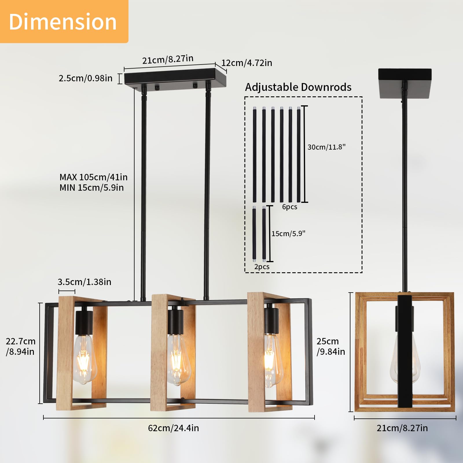 Farmhouse Kitchen Island Pendant Lights - Adjustable 3-Light Black Wood Hanging Fixtures for Modern and Rustic Kitchen Decor