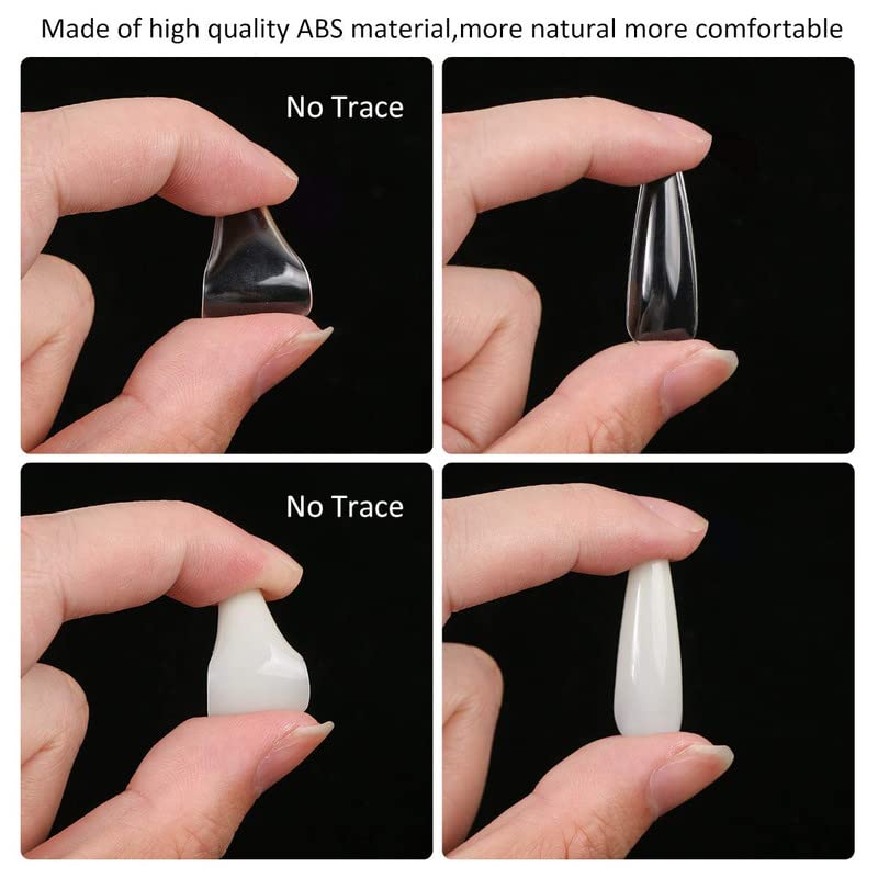 BELICIA 200PCS No Trace Coffin Long Ballerina Acrylic False Nails Set - Natural Clear Full Cover Long Coffin Nail Tips with Nail Cutter & Glue | Perfect for Salon, DIY Manicure, Party & Special Occasions
