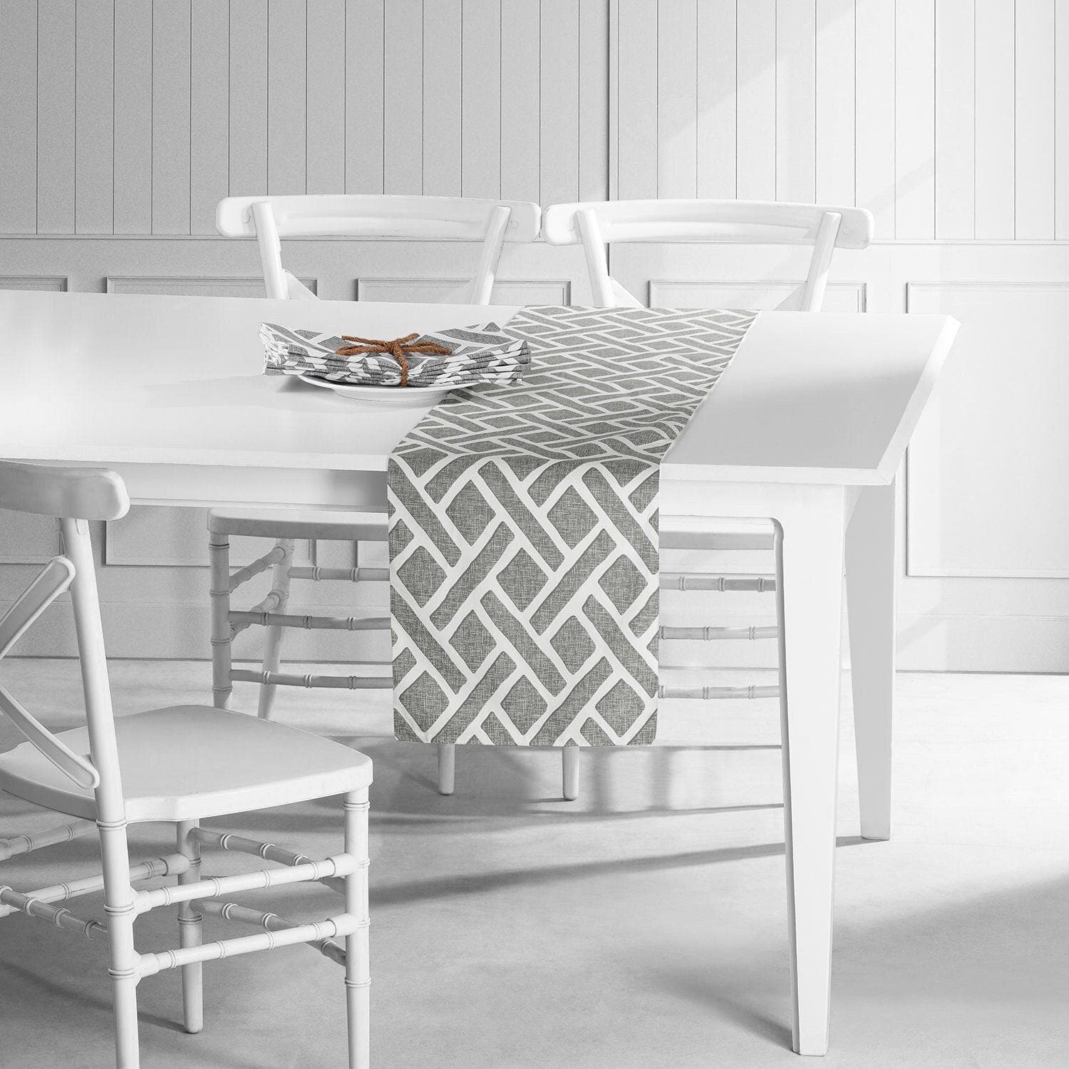 Martinique Grey Geometric Printed Cotton Table Runner & Placemats Set - Elegant Dining Table Decor for Thanksgiving, Christmas, and Dinner Parties