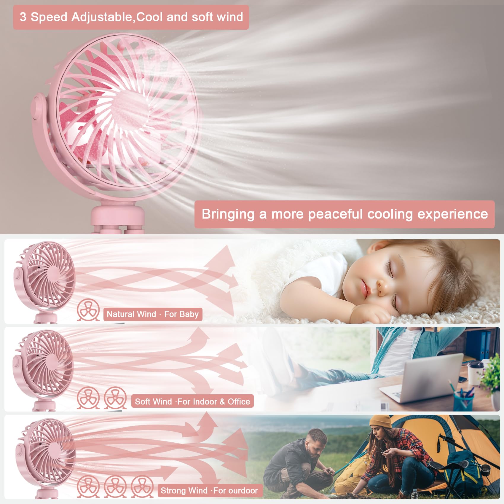 JYJZPB Rechargeable Clip-On Stroller Fan for Baby - 3 Speed 360° Rotating Mini Cooling Fan with Flexible Tripod, Handheld Personal Fan for Travel, Car Seat, Crib, Bed & Bike - Perfect for Outdoor Activities, Summer Trips & Nursery Comfort (Pink)