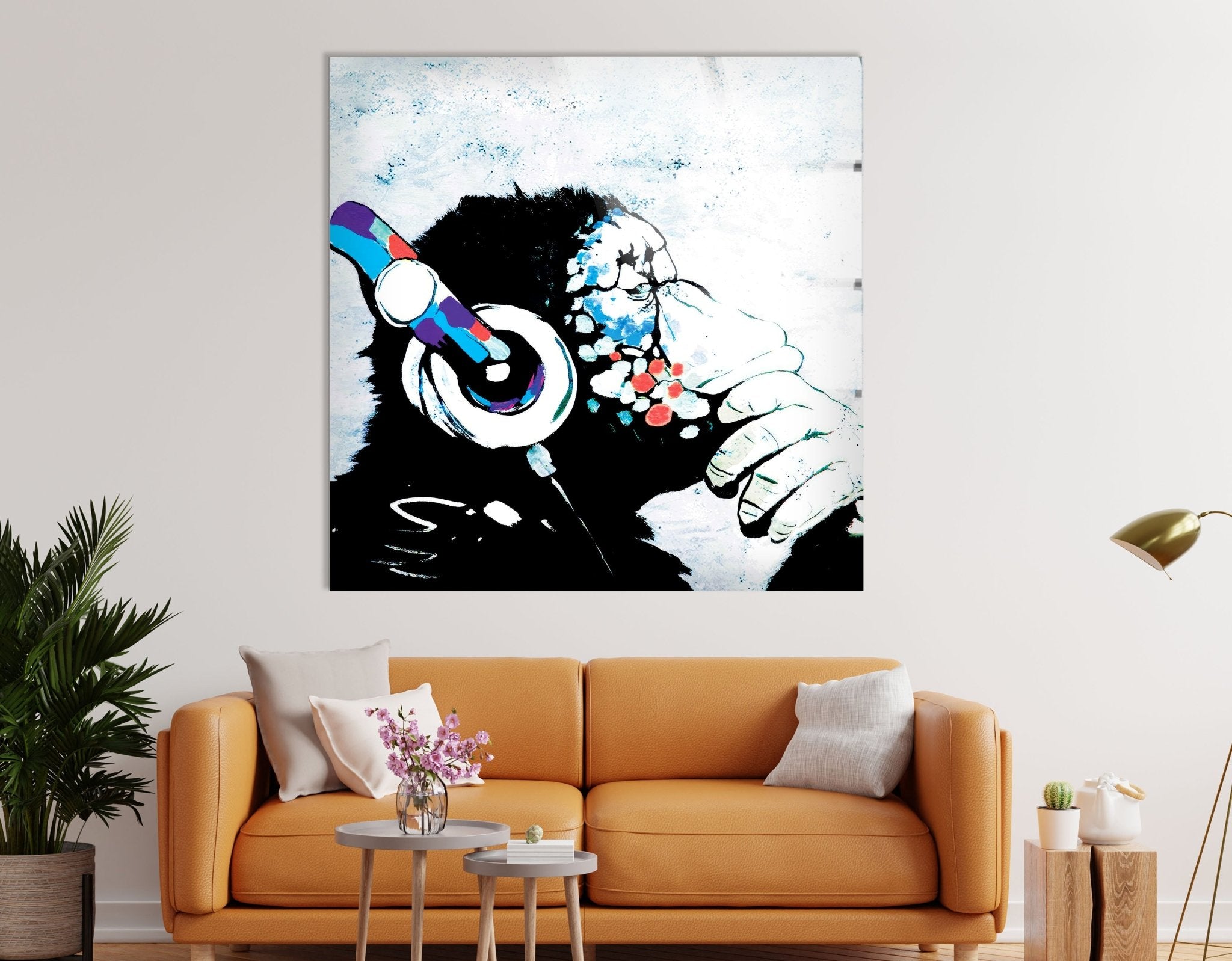Banksy DJ Monkey Glass Wall Art - Modern Home Decor for Living Room, Bedroom & Office - Unique Street Art Gift for Music Lovers