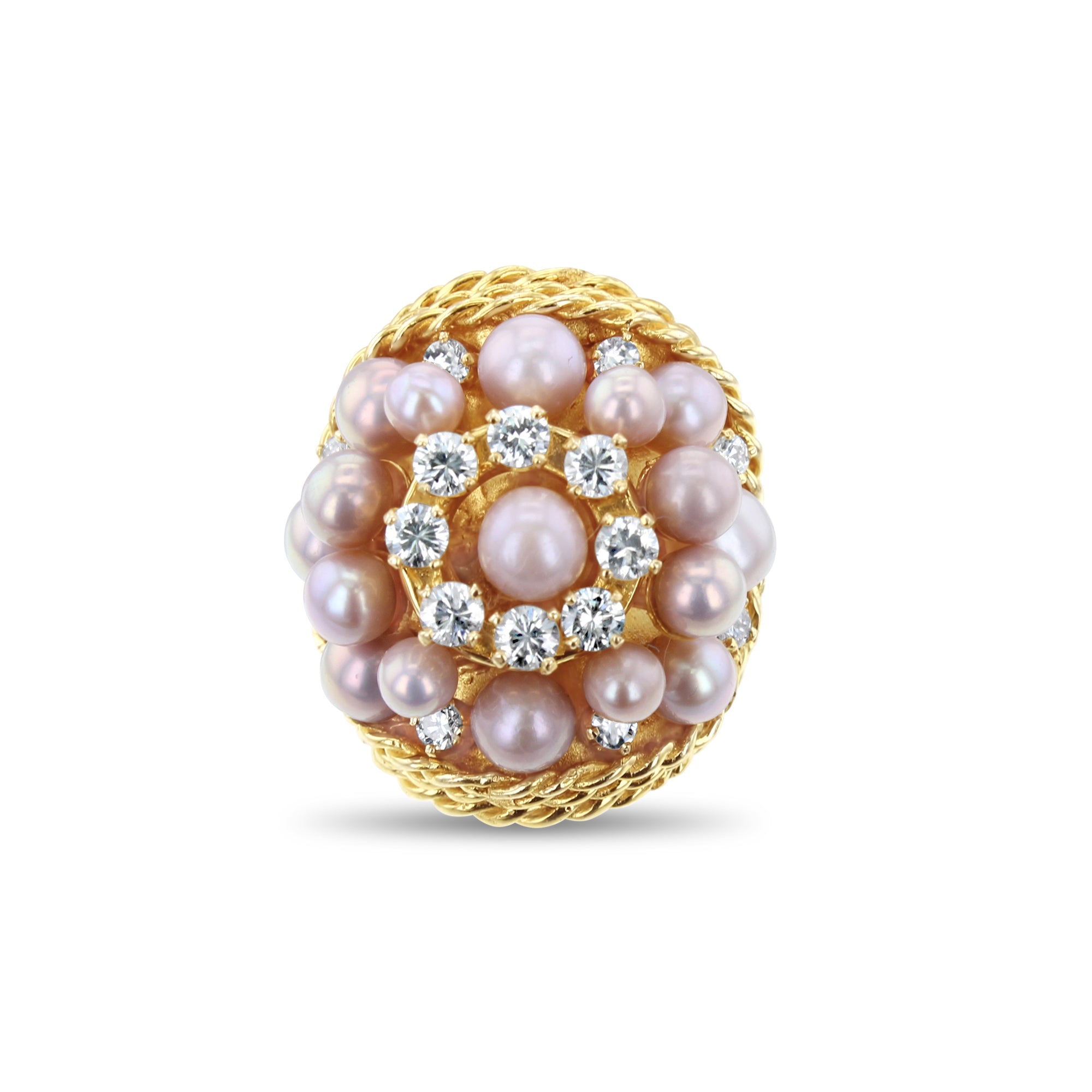 Elegant Pink Pearl & Diamond Triple Halo Cocktail Ring with Rope Design - Perfect for Evening Parties, Weddings & Special Occasions