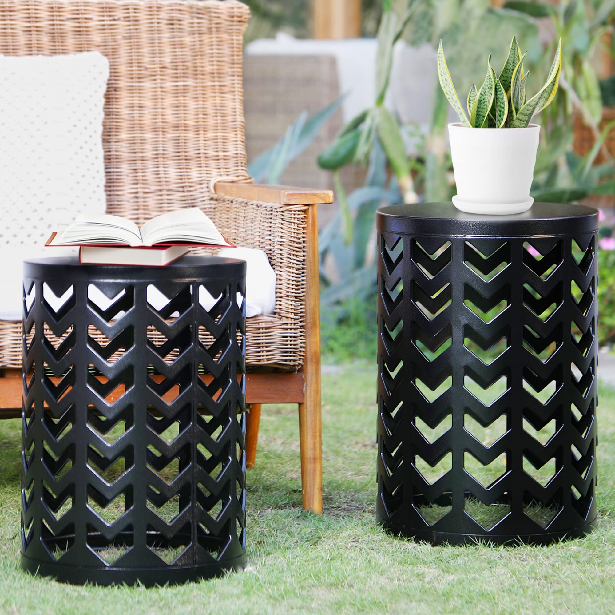 Y&M Nesting Side Table Set of 3 - Stackable Modern Industrial Coffee Tables for Living Room, Bedroom & Outdoor Use - Heavy Duty Metal Frame End Tables & Garden Stools - Pure Black - Perfect for Small Spaces, Patio Decor & Home Office Organization