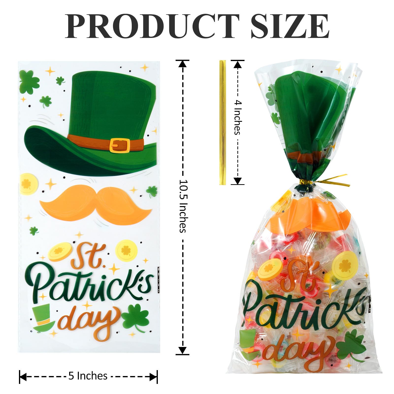 50 Pcs St. Patrick's Day Green Cellophane Treat Bags 5x10.5 Inches - Shamrock Printed Irish Party Favor Bags with Twist Ties for Candy, Cookies & Small Gifts - Perfect for St. Patrick's Day Celebrations, Classroom Treats & Holiday Party Favors