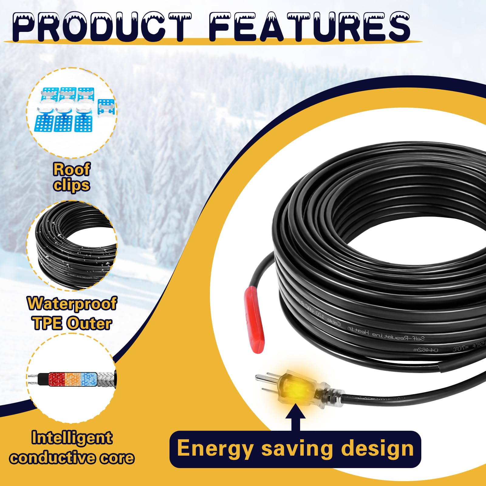 50Ft Self-Regulating Heat Tape for Water Pipes -104℉ to 104℉, Roof & Gutter Heating Cable, Pipe Freeze Protection, 120V - Perfect for Winterizing Homes, Preventing Ice Dams on Roofs, and Protecting Outdoor Plumbing