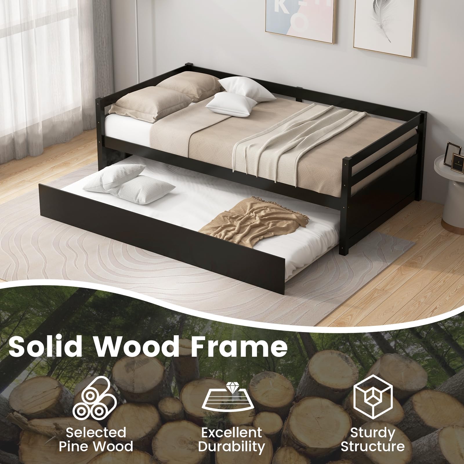 KOMFOTT Twin Size Wooden Daybed Frame with Trundle - No Box Spring Needed Sofa Bed for Guest Room, Kids Room & Living Room - Perfect for Sleepovers, Space Saving & Extra Guest Accommodation