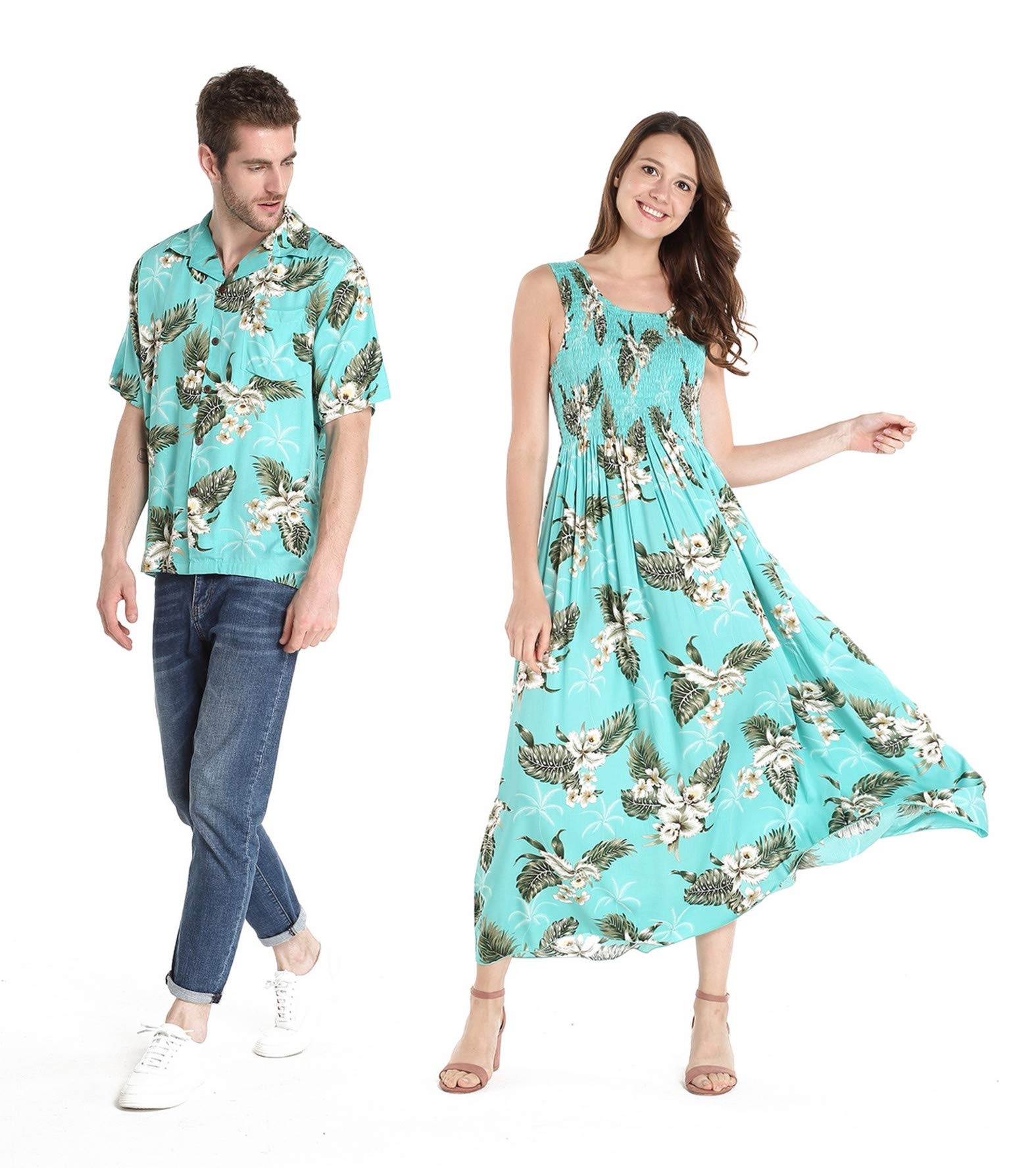 Hawaiian Couple Matching Aloha Shirt & Maxi Tank Dress Set - Tropical Palm Green Print for Beach Vacation, Luau Party & Summer Date Night Outfits