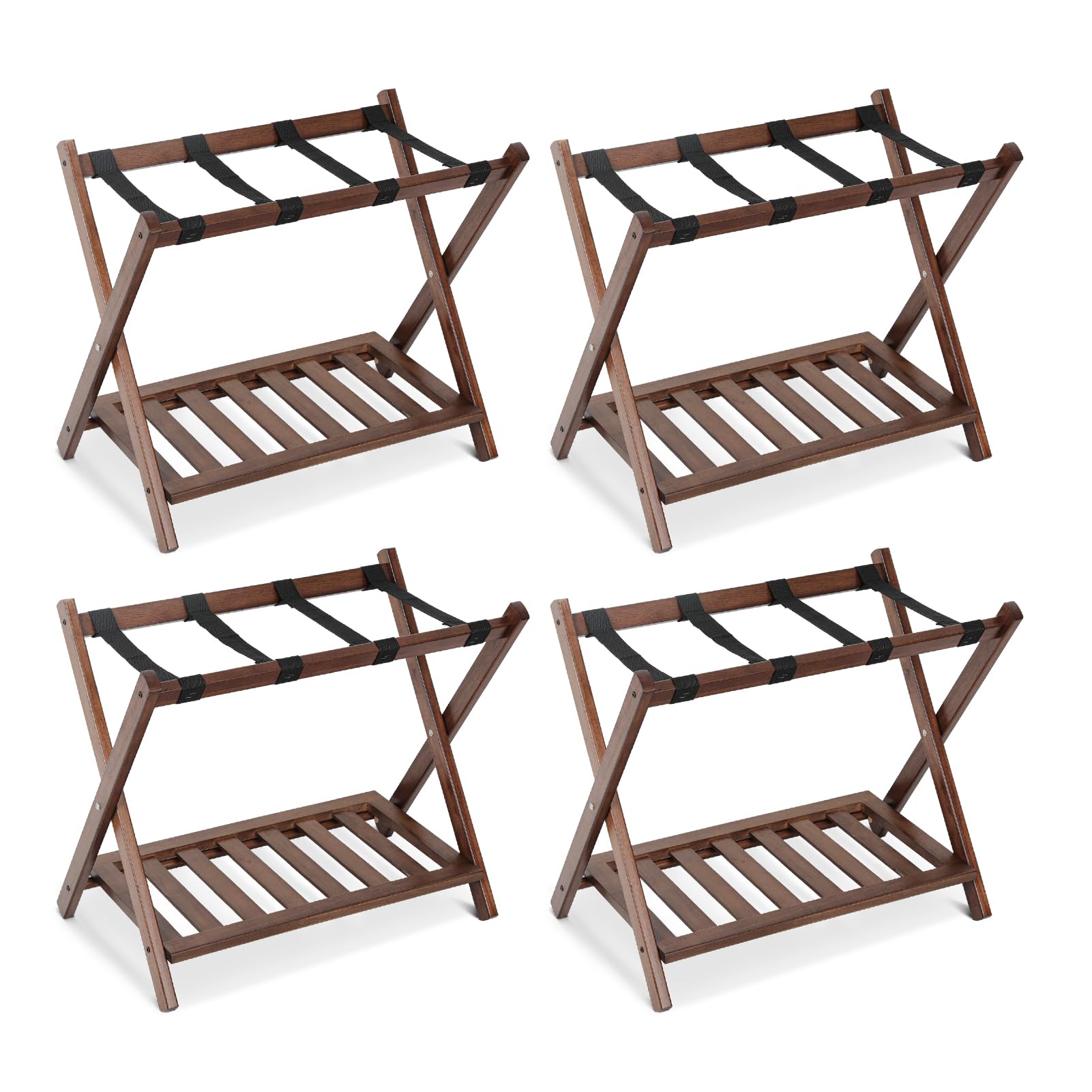 Babion Heavy Duty Folding Luggage Rack with Shelf - 2 Tier Wooden Suitcase Stand with Nylon Belts - Space Saving Foldable Bag Holder for Bedroom, Guest Room, Closet Organization (4 Pack) - Perfect for Travel Storage & Small Space Living