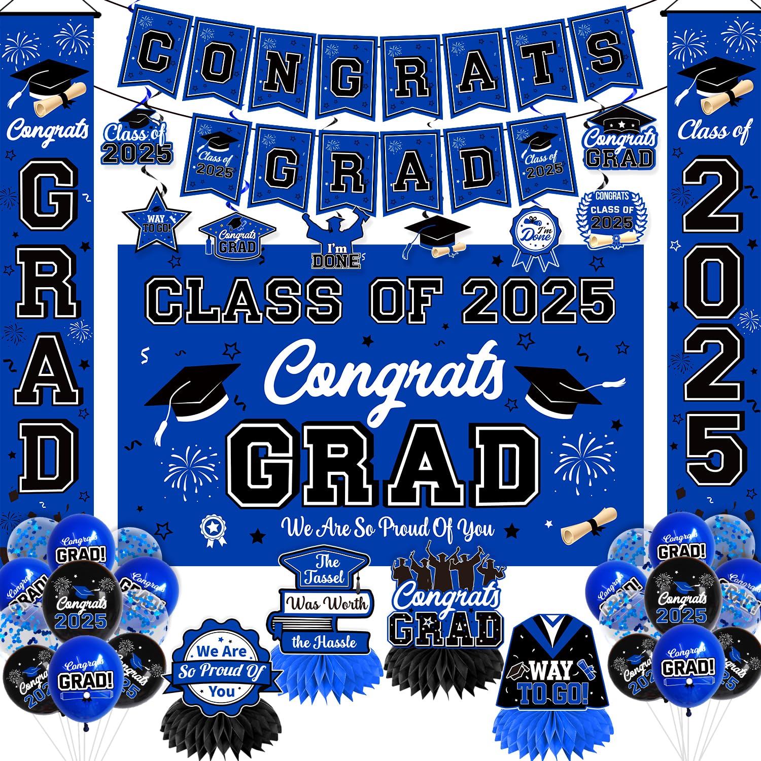 Class of 2025 Graduation Decorations Set - Blue Graduation Party Supplies with Congrats Grad Banner, Backdrop & Balloons | Perfect for High School & College Graduation Ceremonies, Commencement Parties & Photo Booths